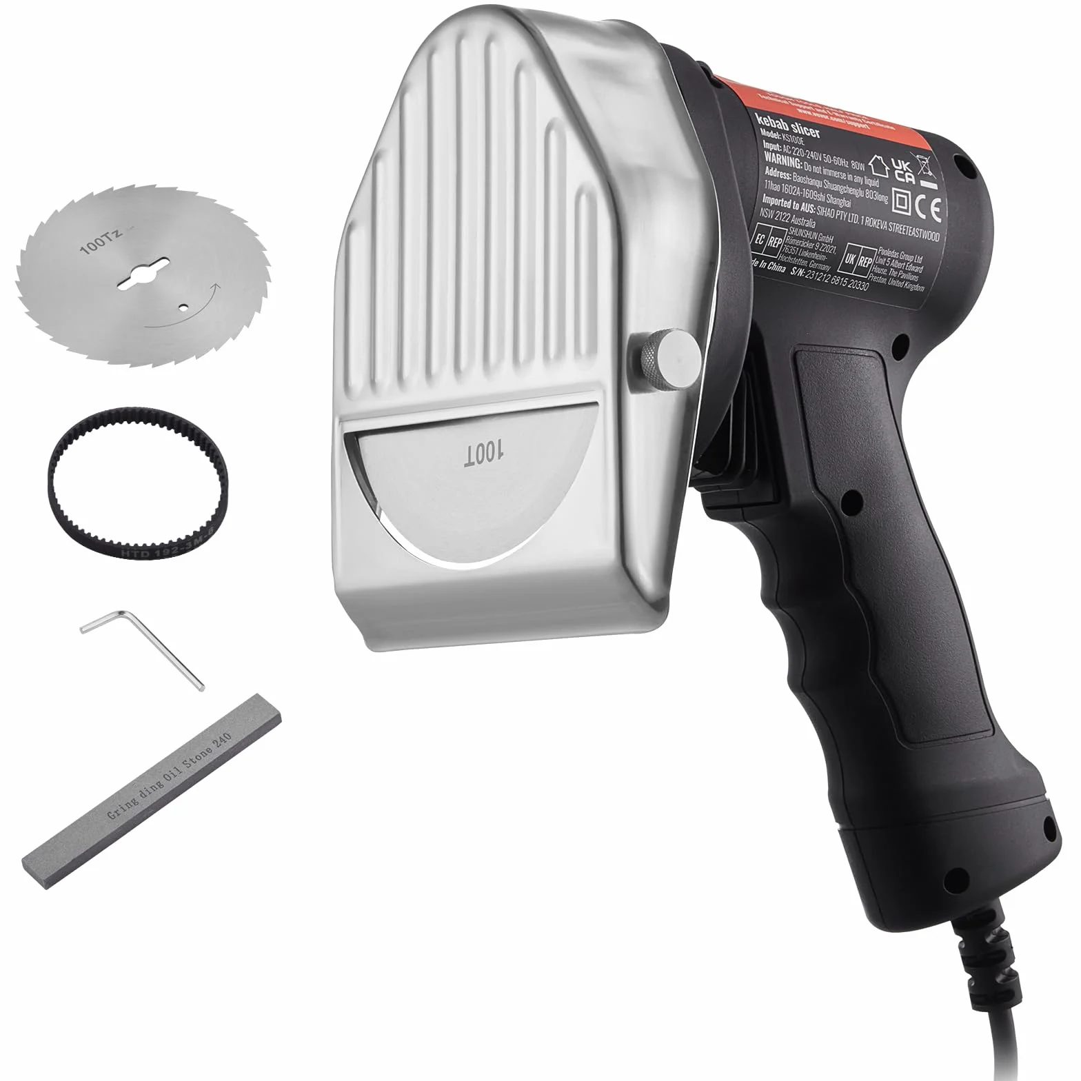 VEVOR Elektryczny nóż do kebabu 80 W, krajalnica do mięsa ze stali nierdzewnej, 2 ostrza 100 mm, regulowana grubość 0-8 mm