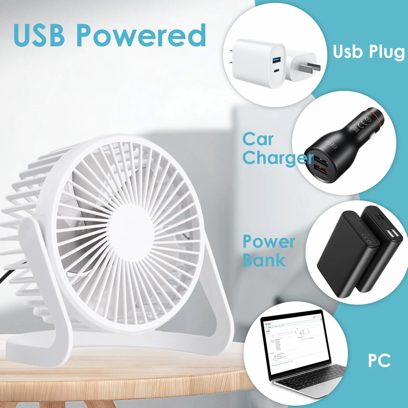 WD&CD Wentylator biurkowy USB, cichy mini wentylator, przenośny, stołowy, do biura, domu, akademika, na podróż, obrót o 360°, energooszczędny, kompaktowy wentylator chłodzący, 13 cm, biały