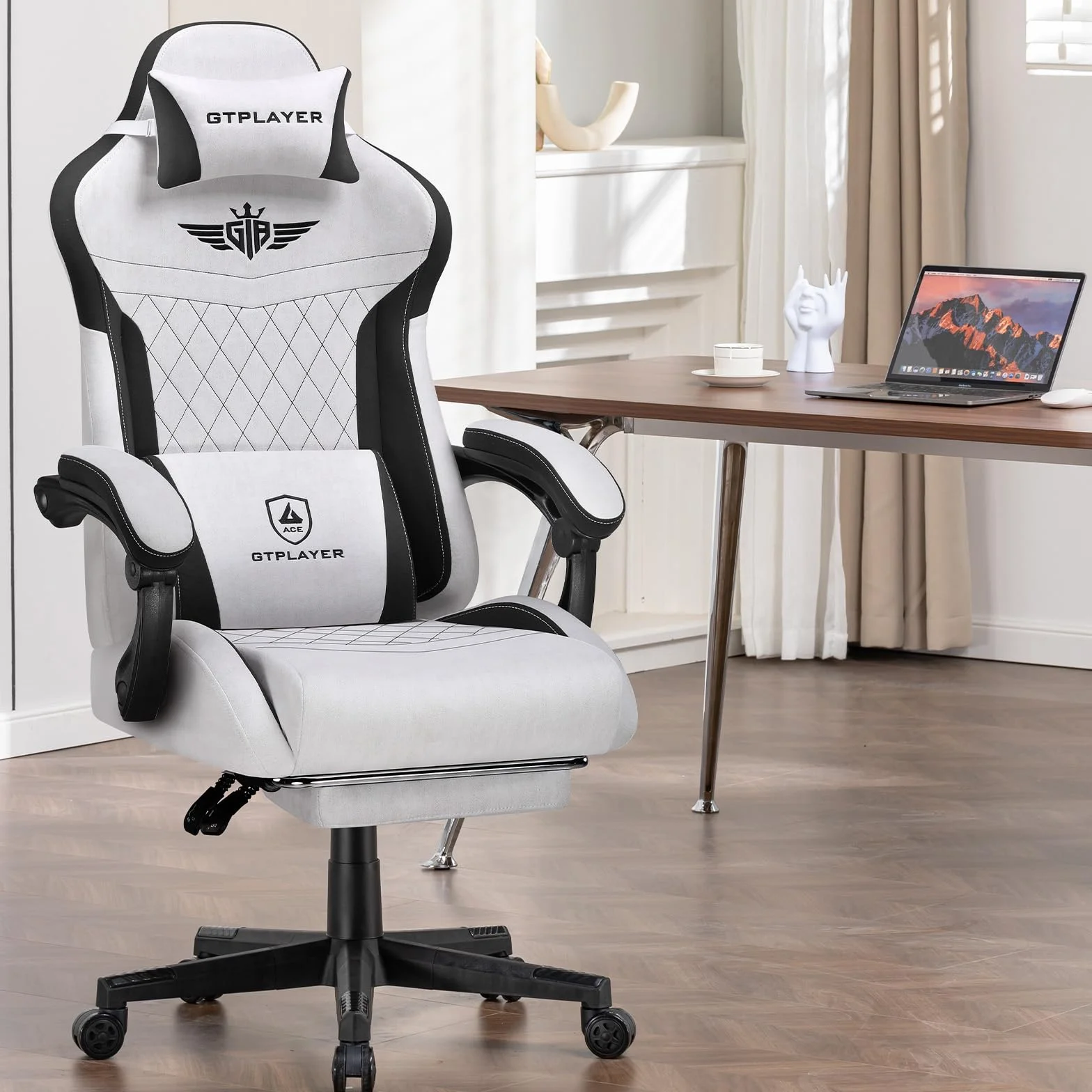 GTPLAYER Fotel gamingowy ergonomiczny materiałowy z podparciem lędźwiowym nośność 150 kg szary