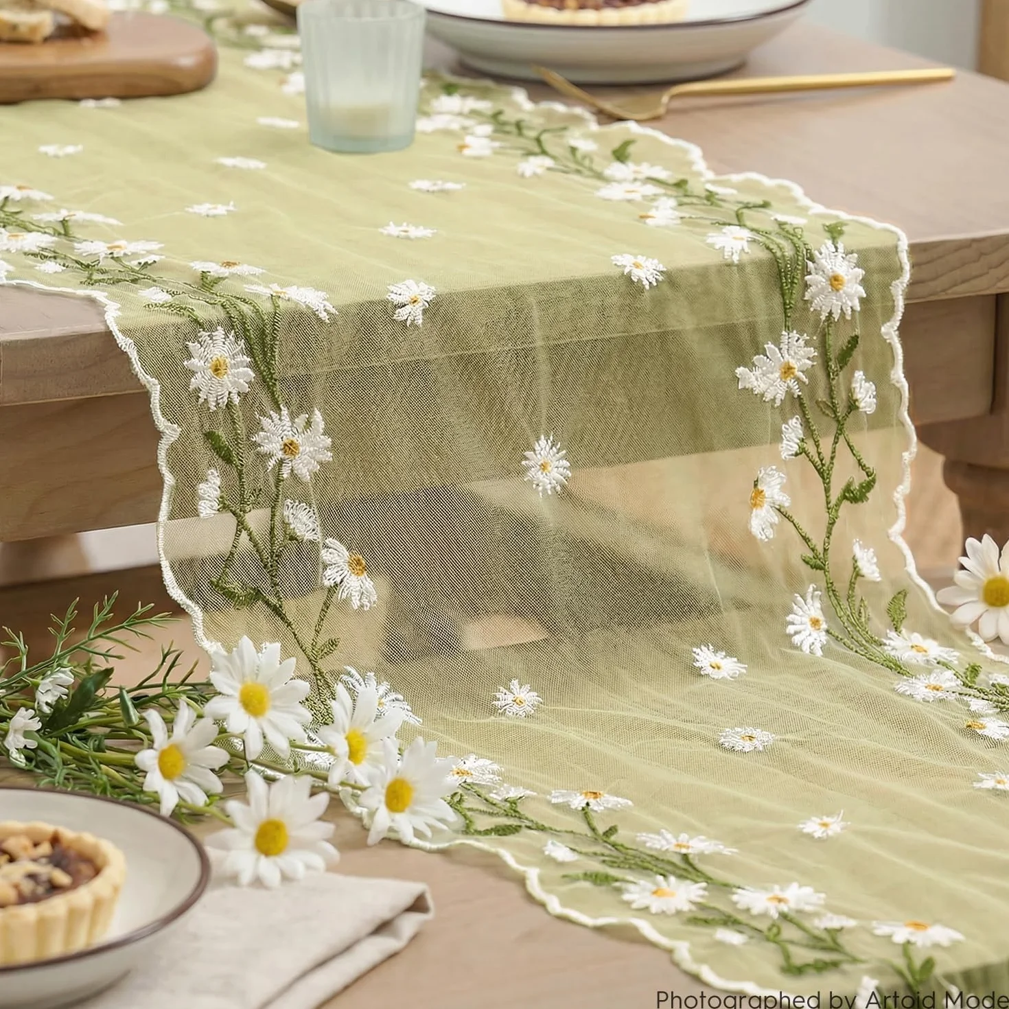 Artoid Mode Żółty haft stokrotka liście bieżnik na stół 40 x 300 cm tiul przezroczysty dekoracja stołu