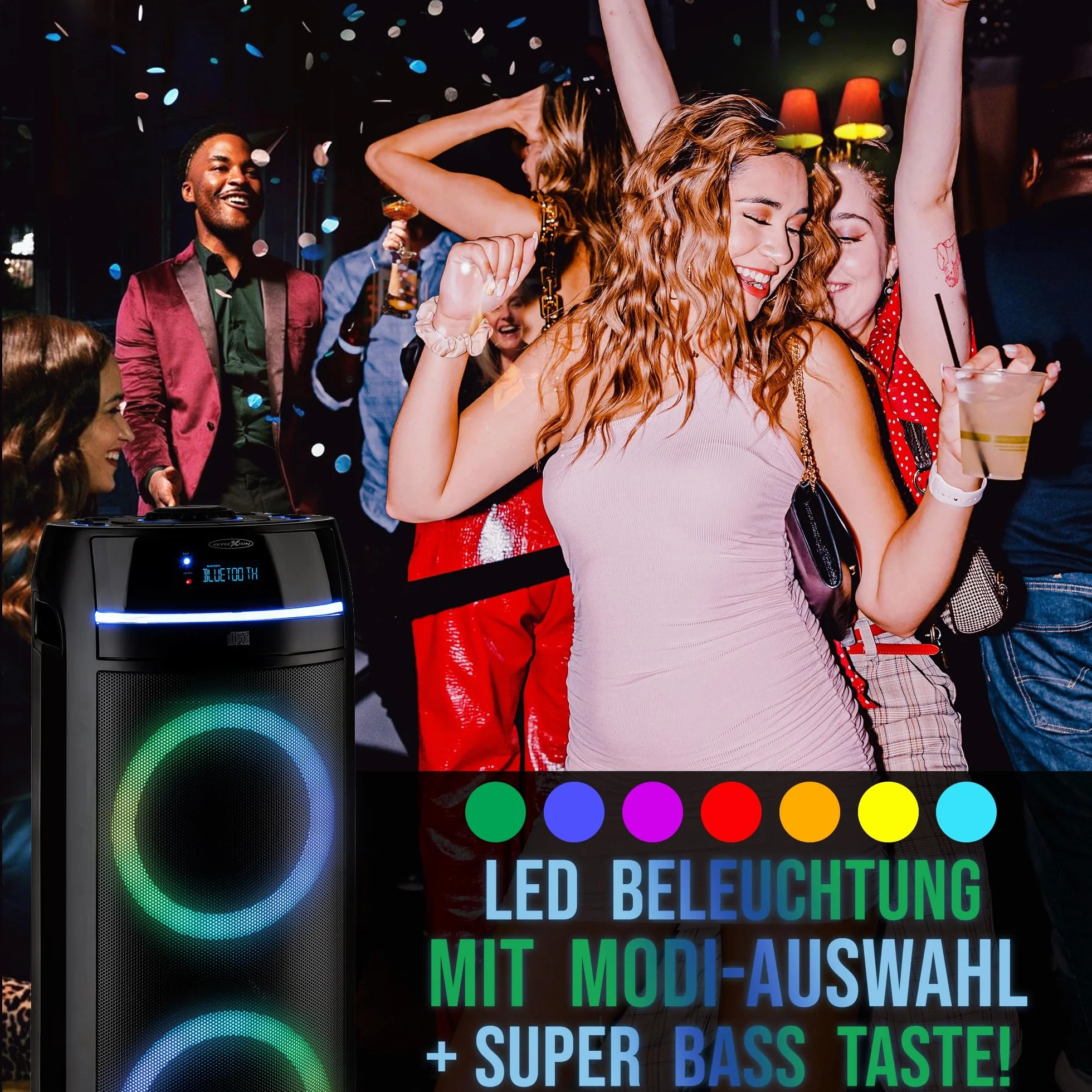 REFLEXION PS10BTCD przenośny głośnik Bluetooth, oświetlenie dyskotekowe LED, z wbudowanym odtwarzaczem CD, wszechstronne złącza, akumulator do 10 godzin muzyki, czarny
