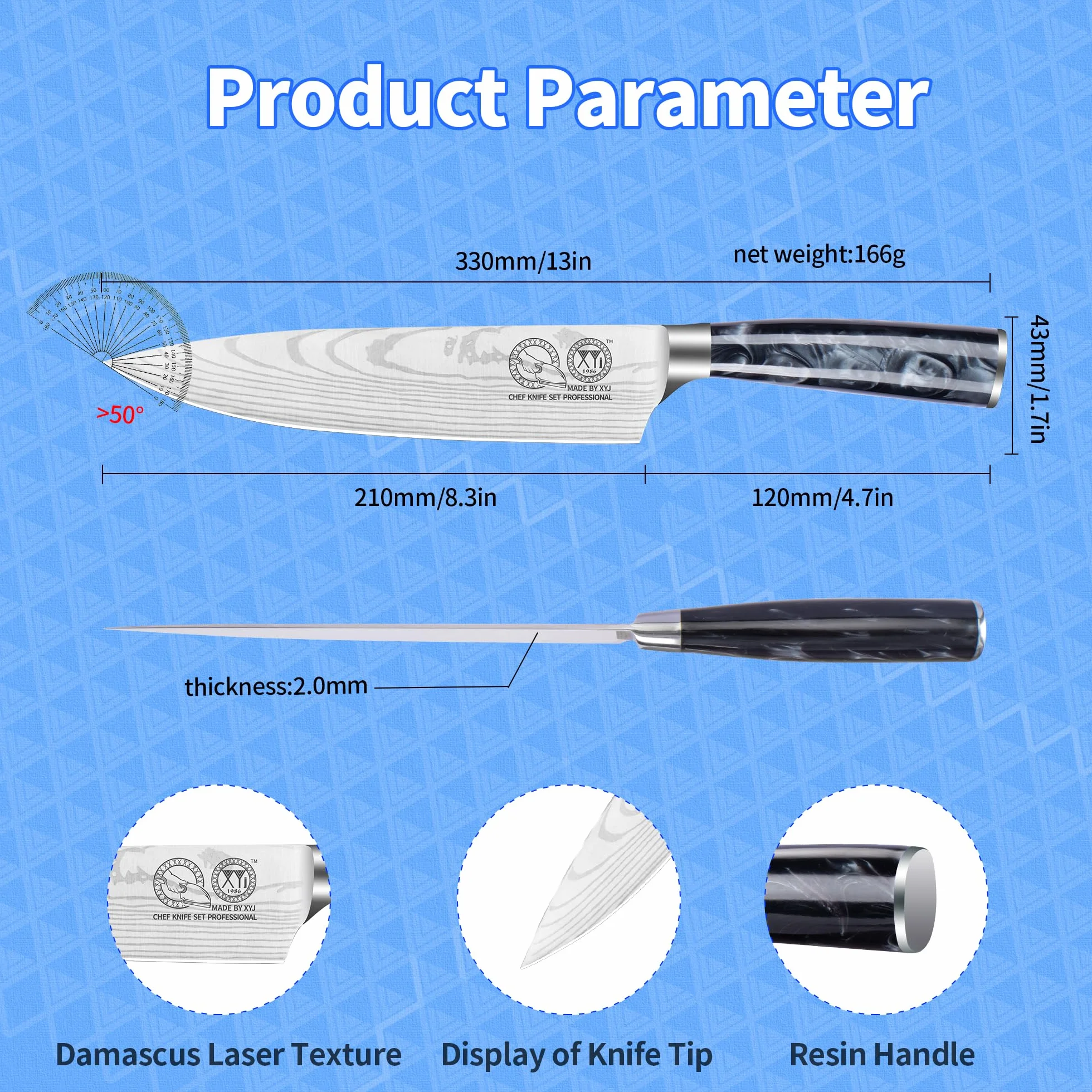 XYJ Authentic Since 1986,8 Inch Japanese Chef Knife,Stainless Steel,Vein Damascus Pattern Sharp Blade,Meat Cleaver for Meat Cutting,Professional Kitchen Knife With Sheath,Outdoor Camping BBQ