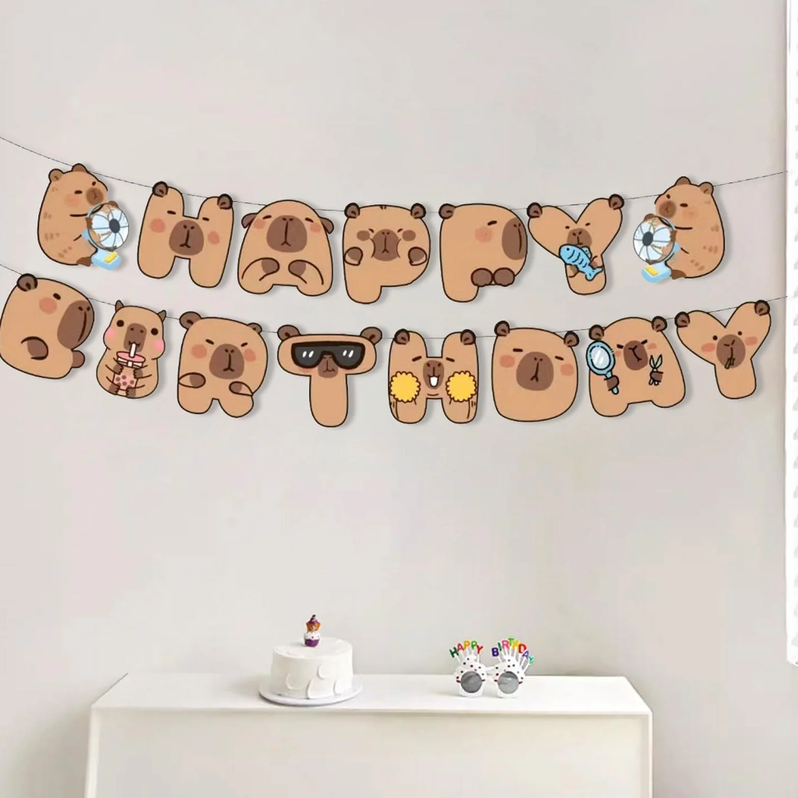 Goiern Happy Capybara dekoracje urodzinowe baner 8 papierowych kartek z kokardkami