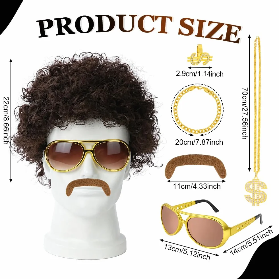 AUYAO Kostium hipisowski w stylu lat 60. i 70. XX wieku, fantazyjny kostium, akcesoria męskie, Funky Afro, peruka hipisowska, lata 80., dyskoteka, gorączka, hipisowska peruka, zestaw włosów z czarną
