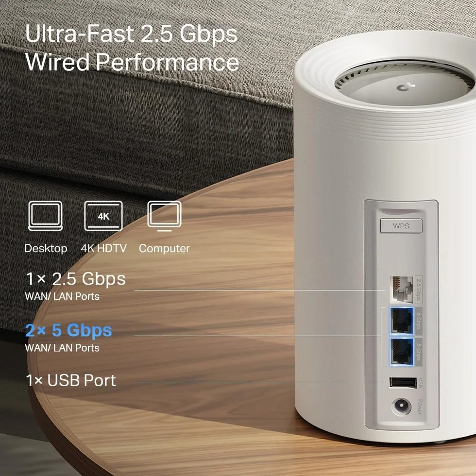 TP-Link WiFi 7 Deco BE65 Pro Router Mesh WiFi, BE9300 Mbps Tri-Band, kanały 320 MHz, 2 porty 5 Gb/s, port 2,5 Gb/s, Alexa, HomeShield, MLO, współpracuje z każdym ISP i modemem, 4 anteny wewnętrzne, 3