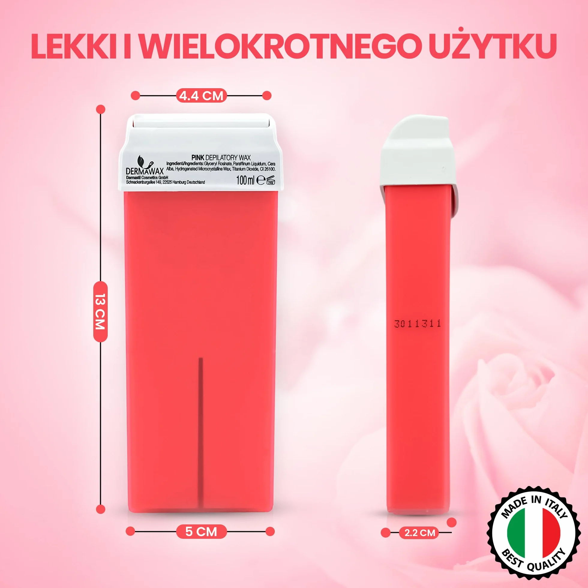 DERMAWAX 6 x 100 ml różowy wkład do wosku, miękki, kremowy wosk dla skóry wrażliwej, do stosowania z podgrzewaczem wosku i paskami z włókniny (brak w zestawie) - nogi, ramiona, pachy, klatka piersiowa