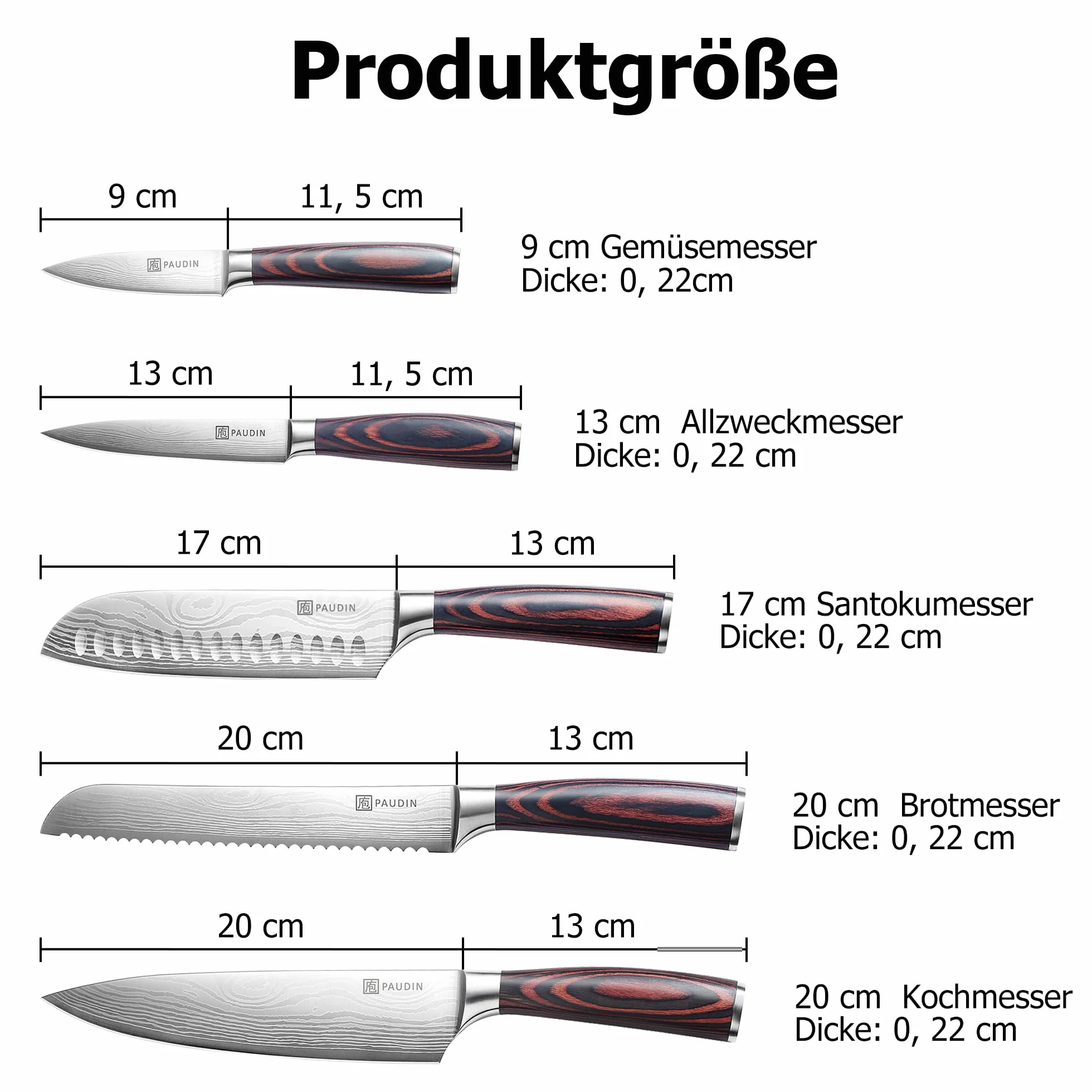 Paudin Profesjonalny zestaw noży kuchennych 5 szt. japońskich ze stali nierdzewnej Santoku