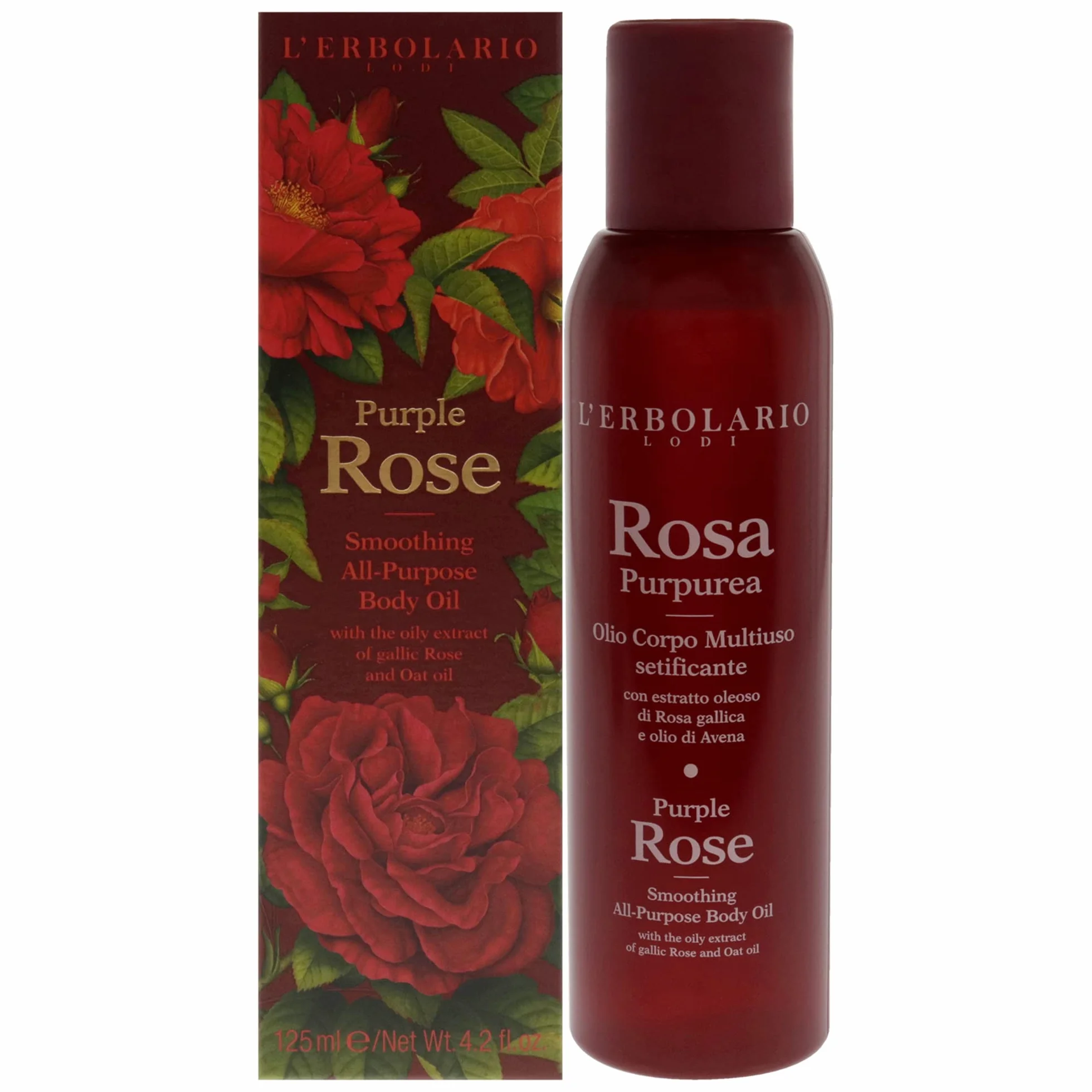 L'Erbolario ROSA PURPUREA wielofunkcyjny olejek do ciała z ekstraktem i wodą destylowaną z róży galliczkiej, 125 ml