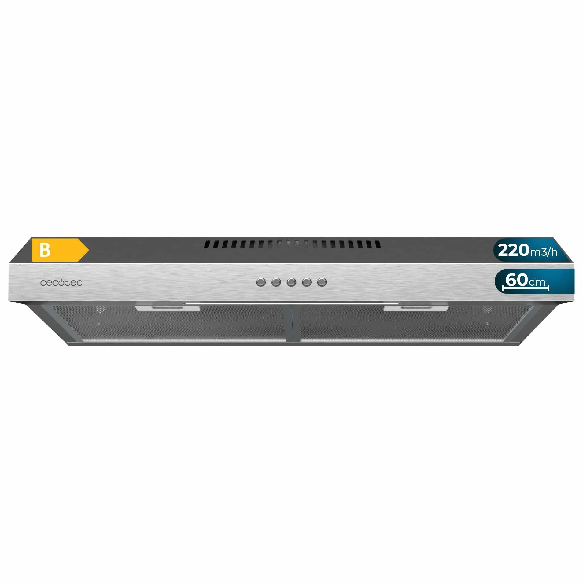 Cecotec 60 cm Szerokość Bolero Flux CM 602200 Inox B. Moc ssania 220m3/h, Silnik 70W, niskie zużycie energii, sterowanie mechaniczne, 3 poziomy mocy, Wykończenie ze stali nierdzewnej