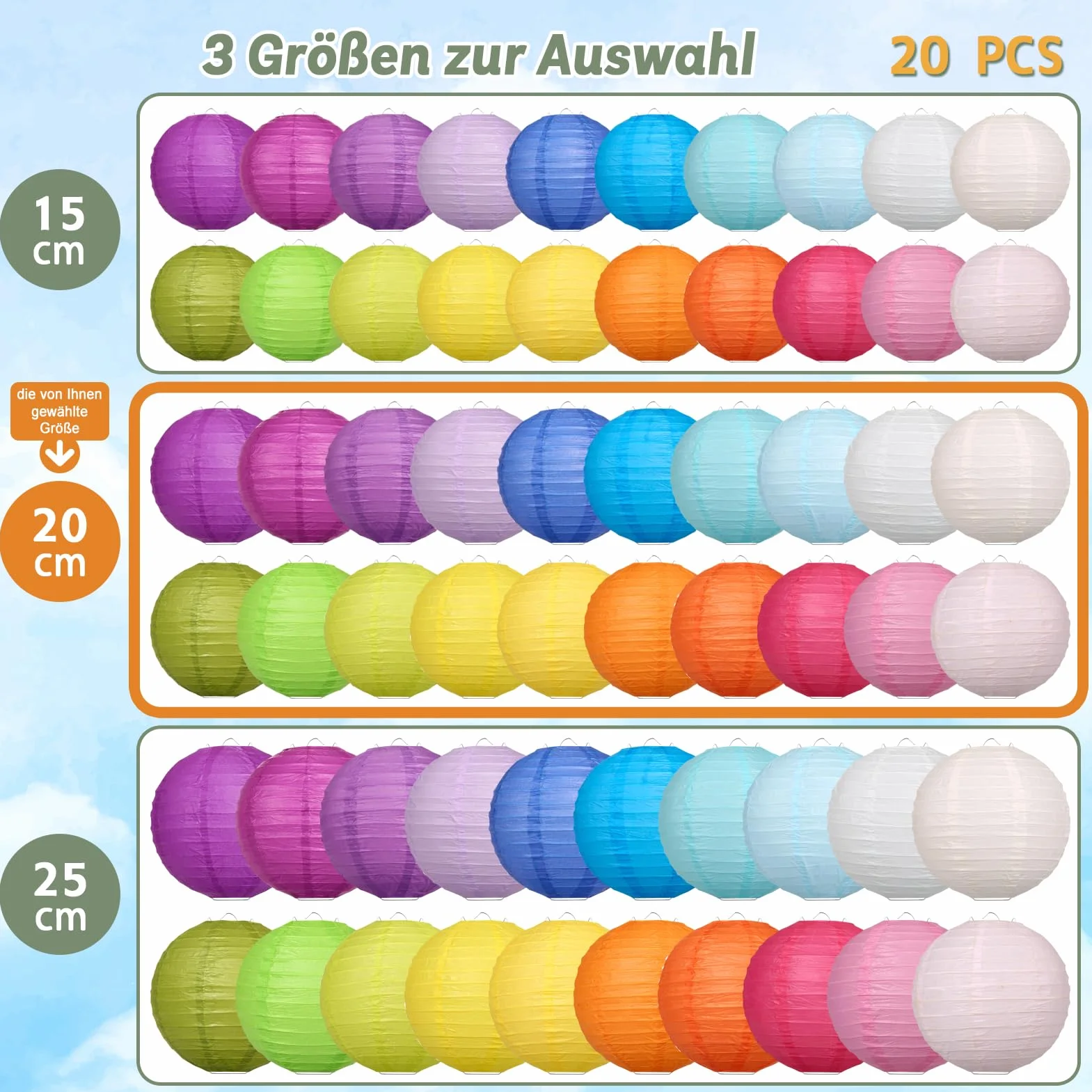 20 sztuk kolorowych papierowych lampionów 20 cm, okrągłe, papierowe lampiony na święta, wesele, Halloween, Boże Narodzenie, imprezę, urodziny, przyjęcie ogrodowe, baby shower, dekoracja do