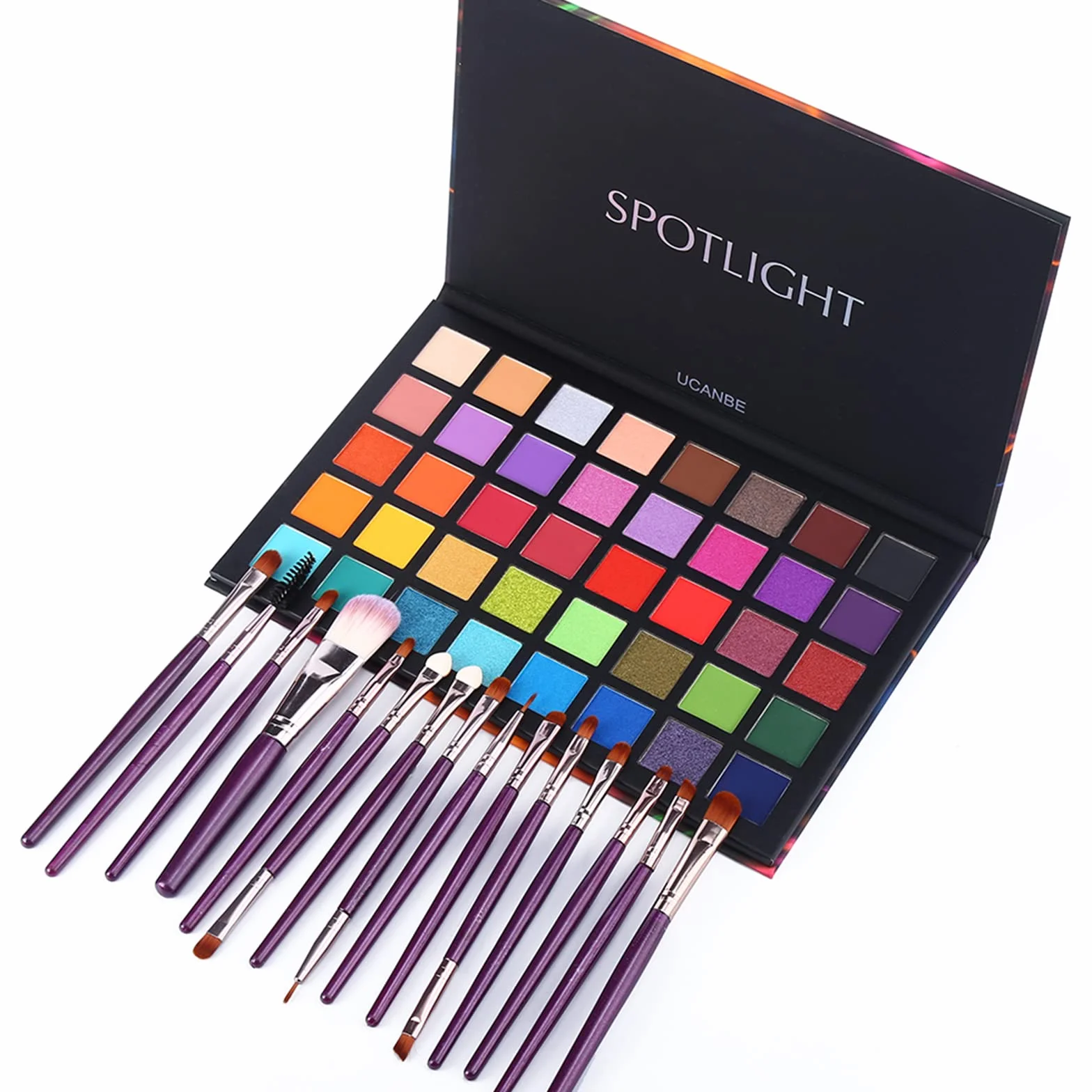 UCANBE Paleta cieni do powiek Spotlight z 40 kolorami i 15 pędzli – Paleta cieni do powiek matowych i błyszczących – Paleta makijażu z wysoką nasyceniem barwności, idealna do makijażu urlopowego i cod