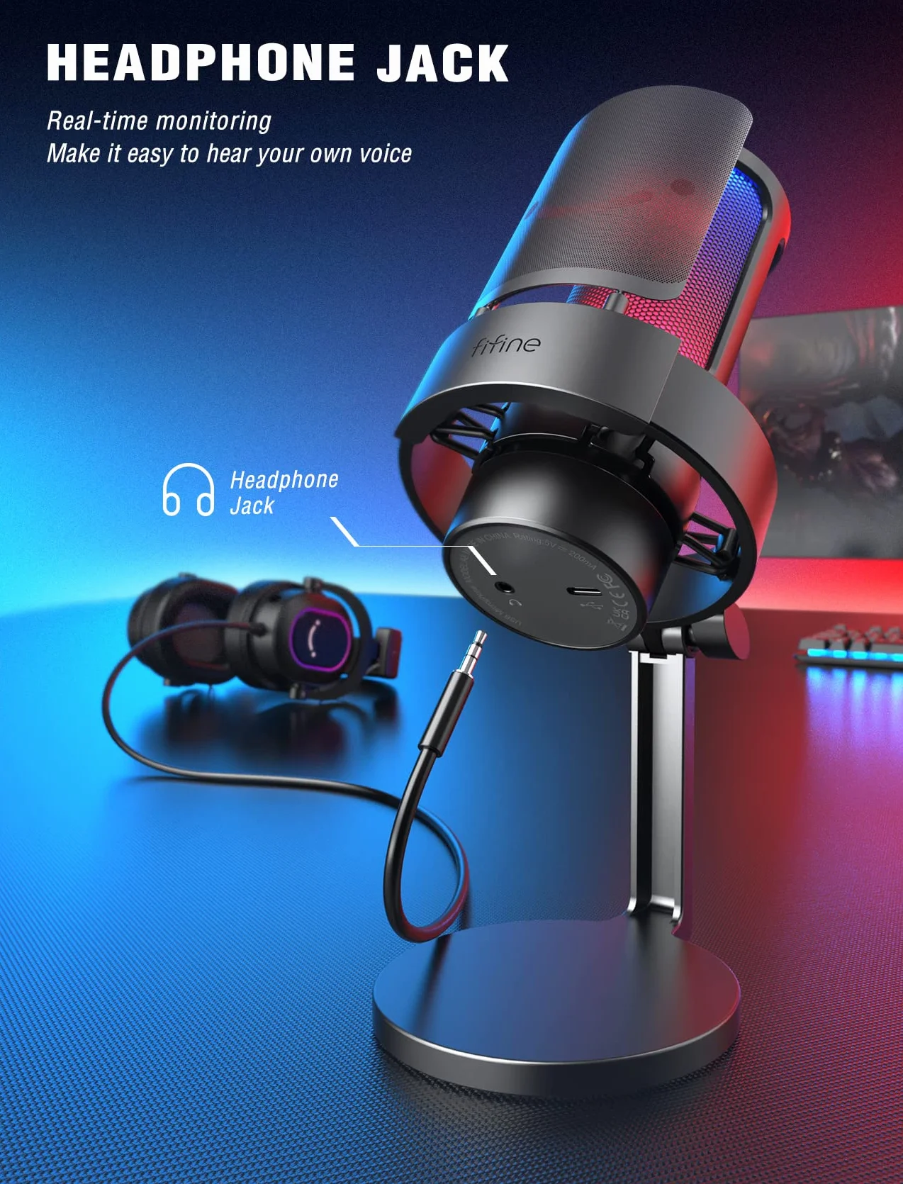 FIFINE Mikrofon PC USBC Do Streamingu Gier, Studia Podcastów, USB PS4 PS5 MAC - Ze Sterowaniem RGB, Przełącznik Wyciszenia, Gniazdo Słuchawkowe, Filtr Pop - A8