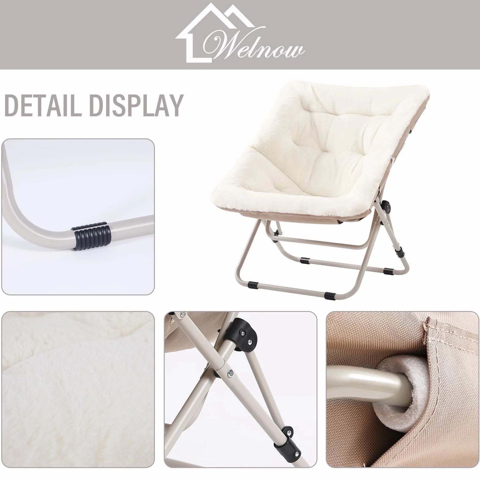 Welnow Comfy Saucer Chair with Otoman, Oversized Folding Fur Chair Soft Furry Lounge Lazy Chair with Metal Frame Moon Chair Accent Chair for Bedroom, Living Room, Dorm Rooms, Beige