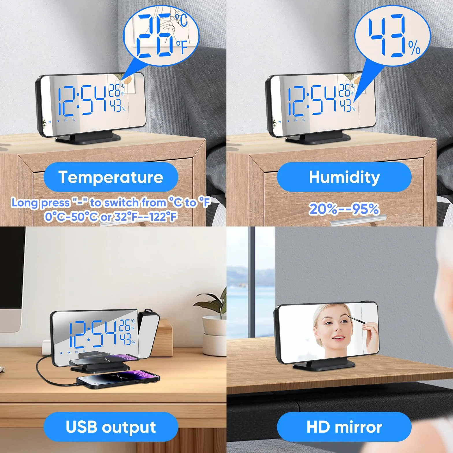 TAKRINK Budzik z projektorem, 4 poziomy jasności, podwójny alarm, USB 12/24 h