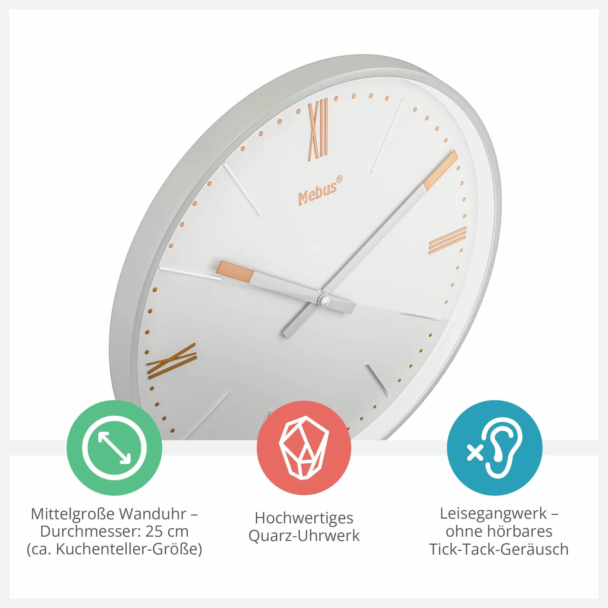 Mebus Mały radiowy zegar ścienny TinyTime z cyframi rzymskimi, zegar ścienny bez odgłosów tykania, średnica 25 cm, klasyczny cyferblat w kolorze jasnoszarym, srebrna obudowa, miedziane akcenty, 19779