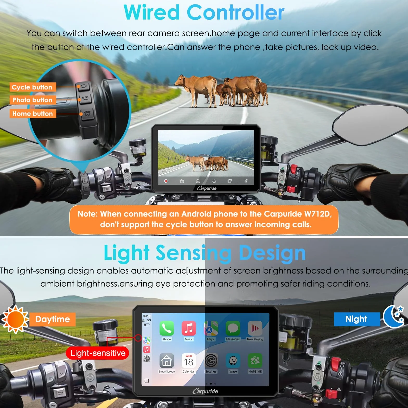 Carpuride W712D Motocyklowy ekran Carplay z kamerą samochodową 1080P HD z przodu i z tyłu, bezprzewodowy CarPlay i Android Auto, wodoodporny ekran dotykowy 17.8 cm, BT Audio, przewodowy kontroler