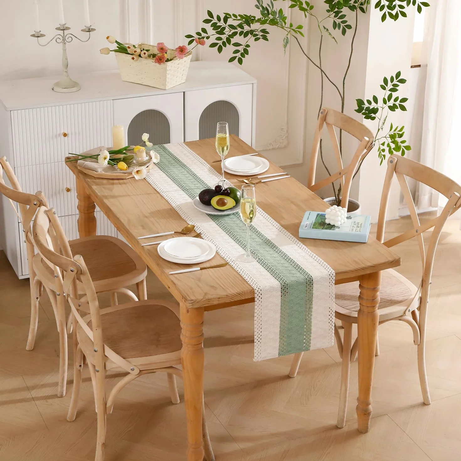 Bieżnik na stół eukaliptusowy 30 x 100 cm bawełna len makrama boho