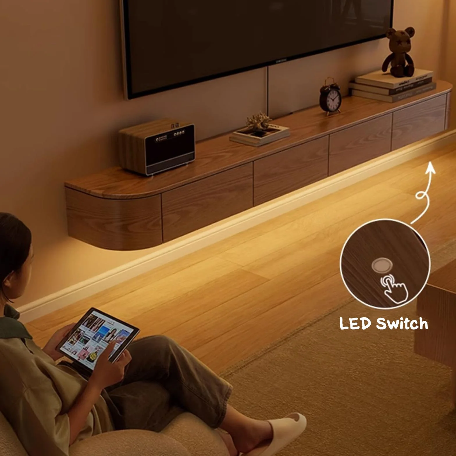 Pływająca szafka pod telewizor z otwieranymi drzwiami, brązowy + LED, 200 cm