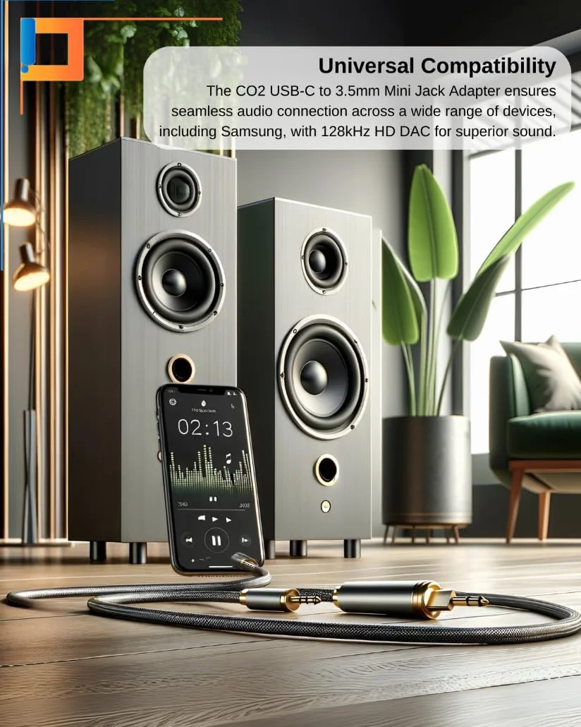 CO2 Adapter USB-C do Mini Jack 3,5 mm AUX z Przetwornikiem DAC 128 kHz HD, Najwyższa Jakość Dźwięku, Aluminium Space Grey, Kabel Kompatybilny z iPhone, MacBook, iPad Pro, Samsung (DAC)