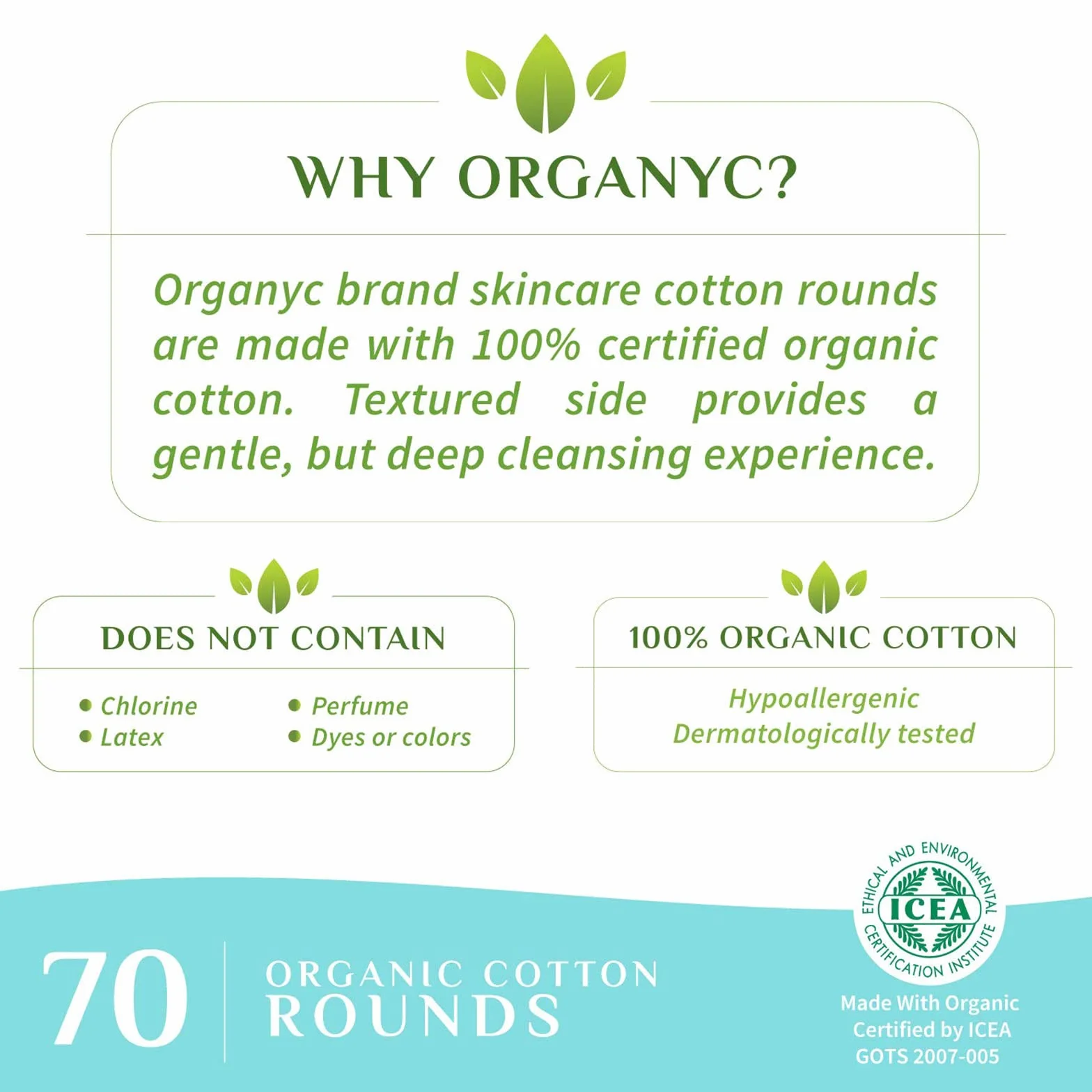 Organyc 100% bawełna organiczna okrągłe - Biodegradowalna bawełna, bez chemikaliów, dla skóry wrażliwej (70 sztuk) - codzienne kosmetyki. Uroda i higiena osobista