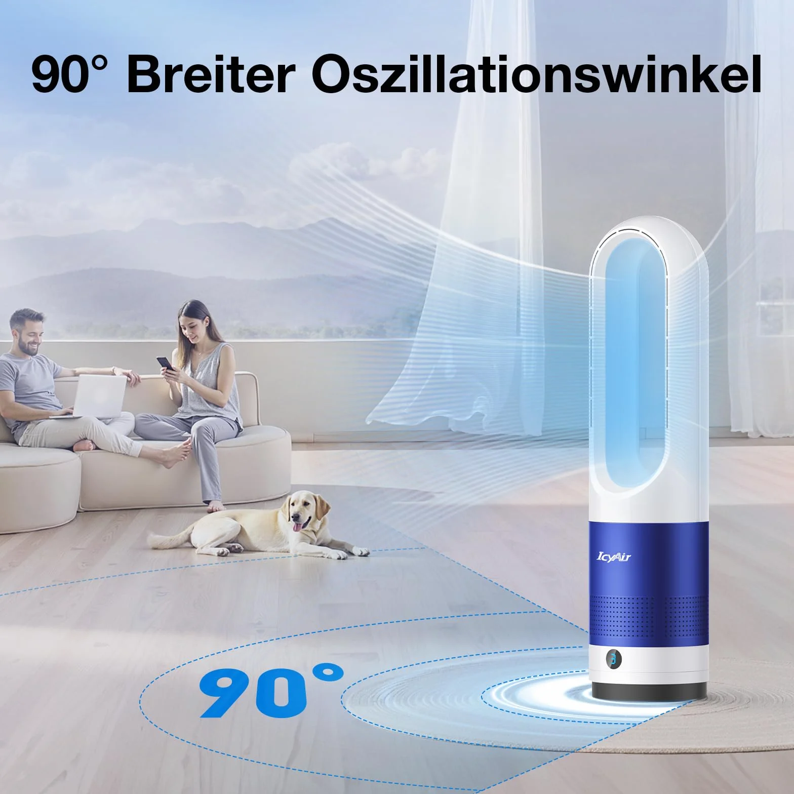 IcyAir 55 cm Bezłopatkowy wentylator wieżowy, bezłopatkowy wentylator 35 dB, oscylacja 90°, 8 prędkości, 9h timer, wyświetlacz LED, przenośne wentylatory wieżowe do domu i biura