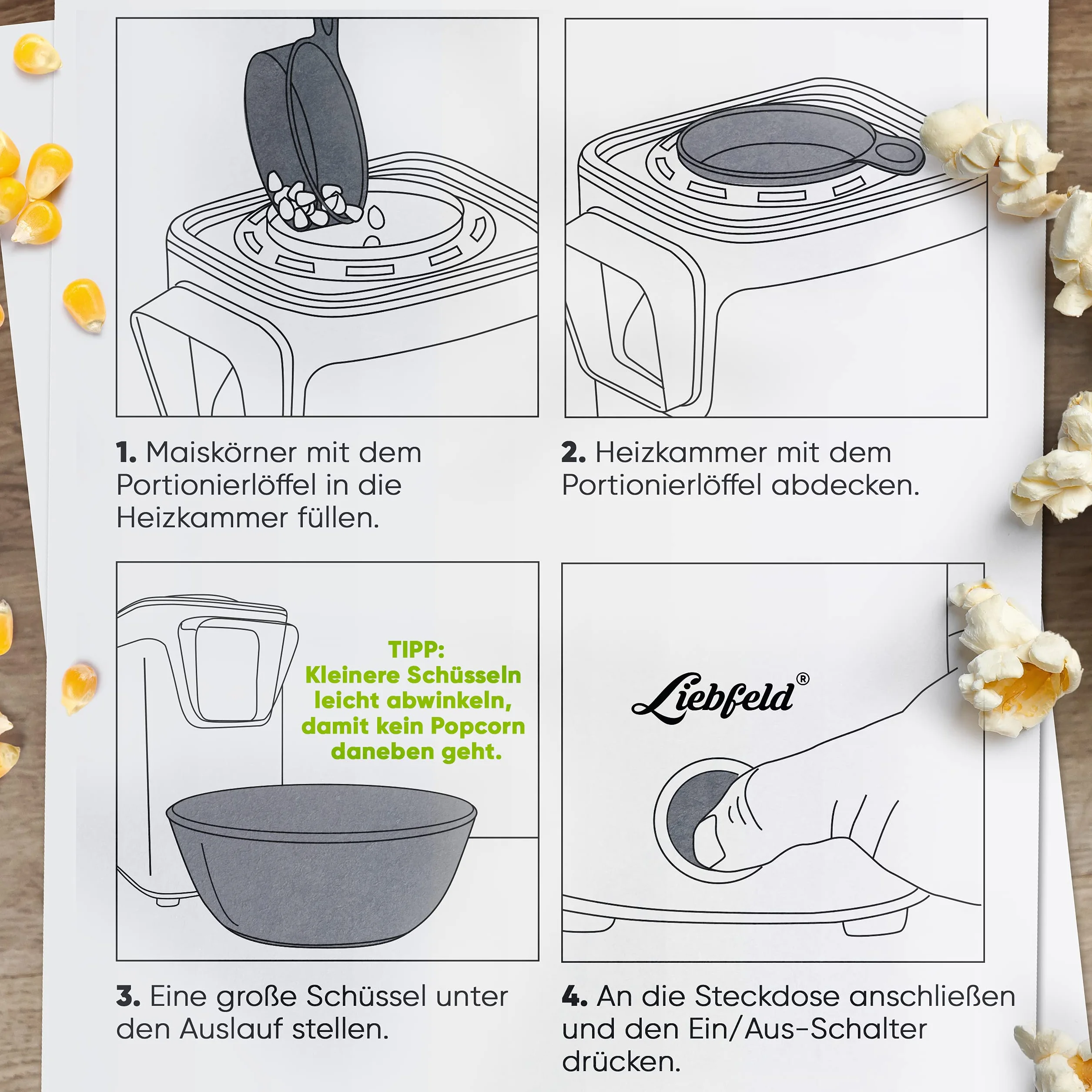Liebfeld Domowa maszyna do robienia popcornu, w zestawie instrukcja Pop Corn Guide, bez tłuszczu i oleju, biała