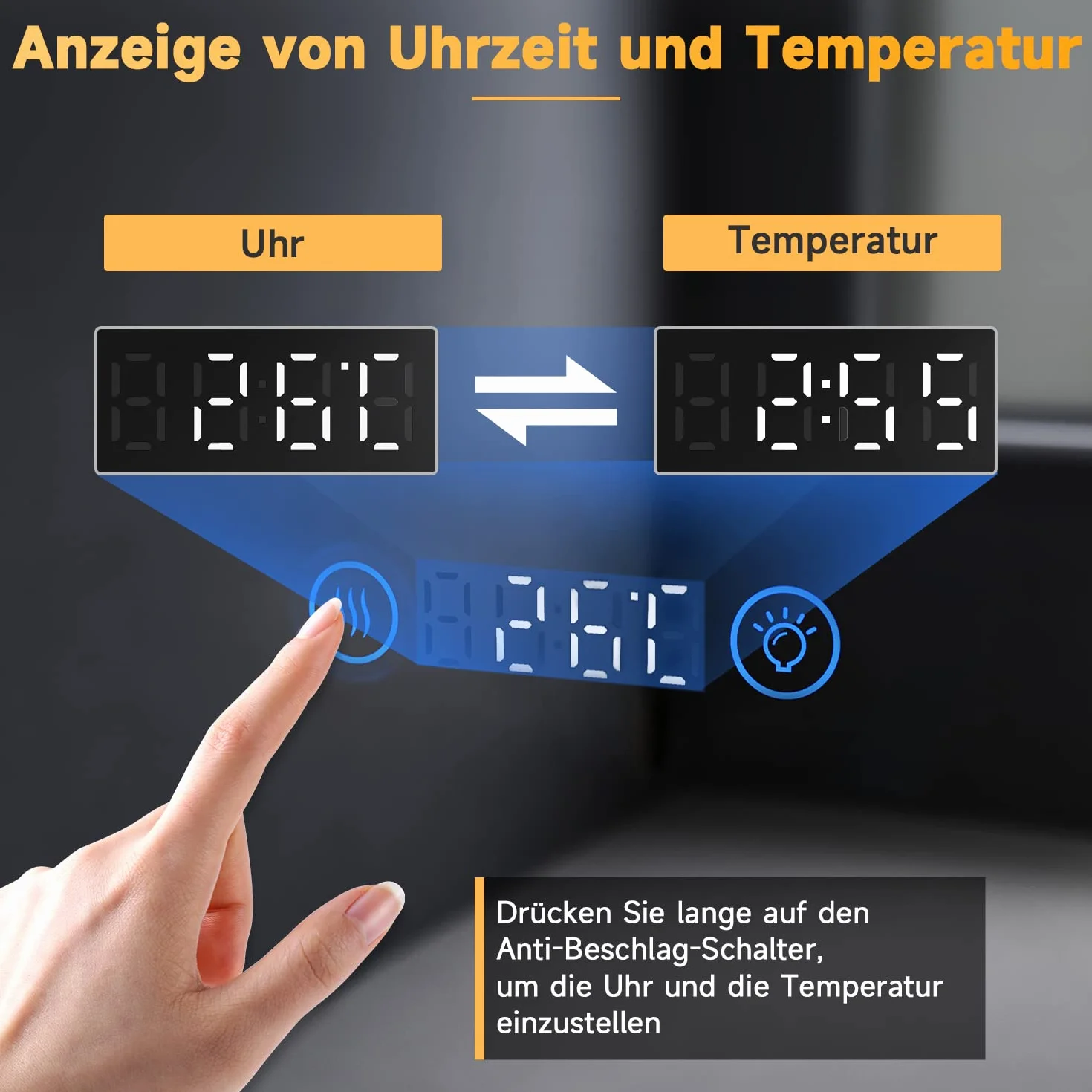 SONNI Lustro łazienkowe z oświetleniem 80x60 cm LED antyzaparowaniowe 3 regulowane kolory światła dotykowe zegar temperatura