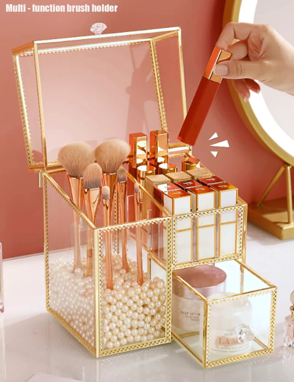 YUEHUA Wielofunkcyjny uchwyt na pędzle do makijażu, w stylu vintage, przezroczyste szkło, organizer na pędzle do przechowywania perfum, lakieru do paznokci, szminek, kremu do twarzy, pędzli do