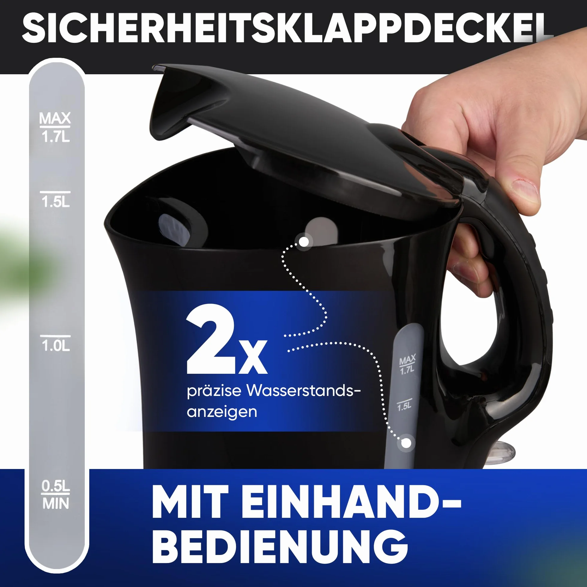 Hervidor de agua Clatronic® | Hervidor Wasserkocher 1,7 L con extracción automática y manual | filtro de cal extraíble | máx. 2200 vatios | Hervidor de agua | WK 3819 negro