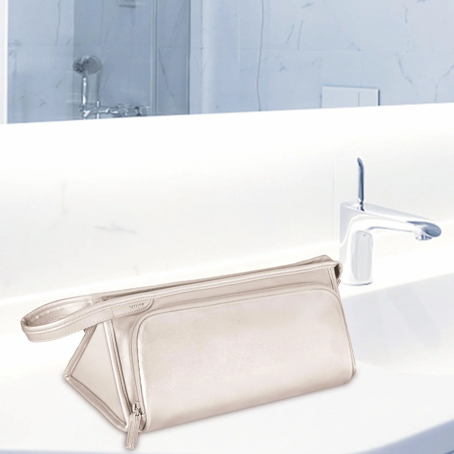 SITHON Torba Podróżna do Dyson Airwrap Styler/Shark Flexstyle Speedstyle, Wodoodporna Skórzana PU, Z Kieszenią, Na Suszarkę Dyson Supersonic, Szampański