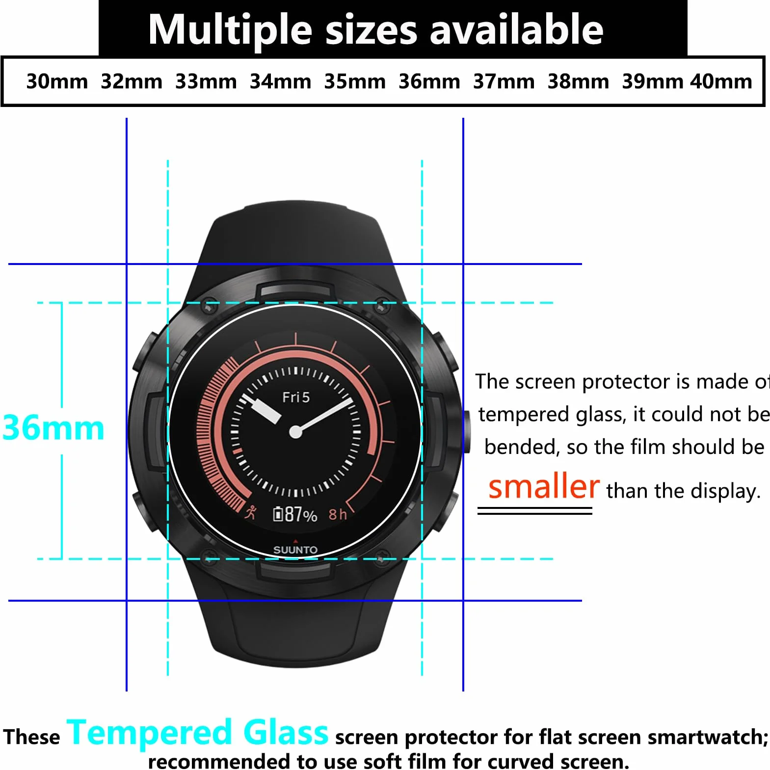 Lusee 3 sztuki szkła hartowanego do smartwatcha (okrągłe, średnica 36 mm), uniwersalna folia ochronna na ekran 9H, przezroczyste HD, odporne na zarysowania, ochrona ekranu, 2,5D