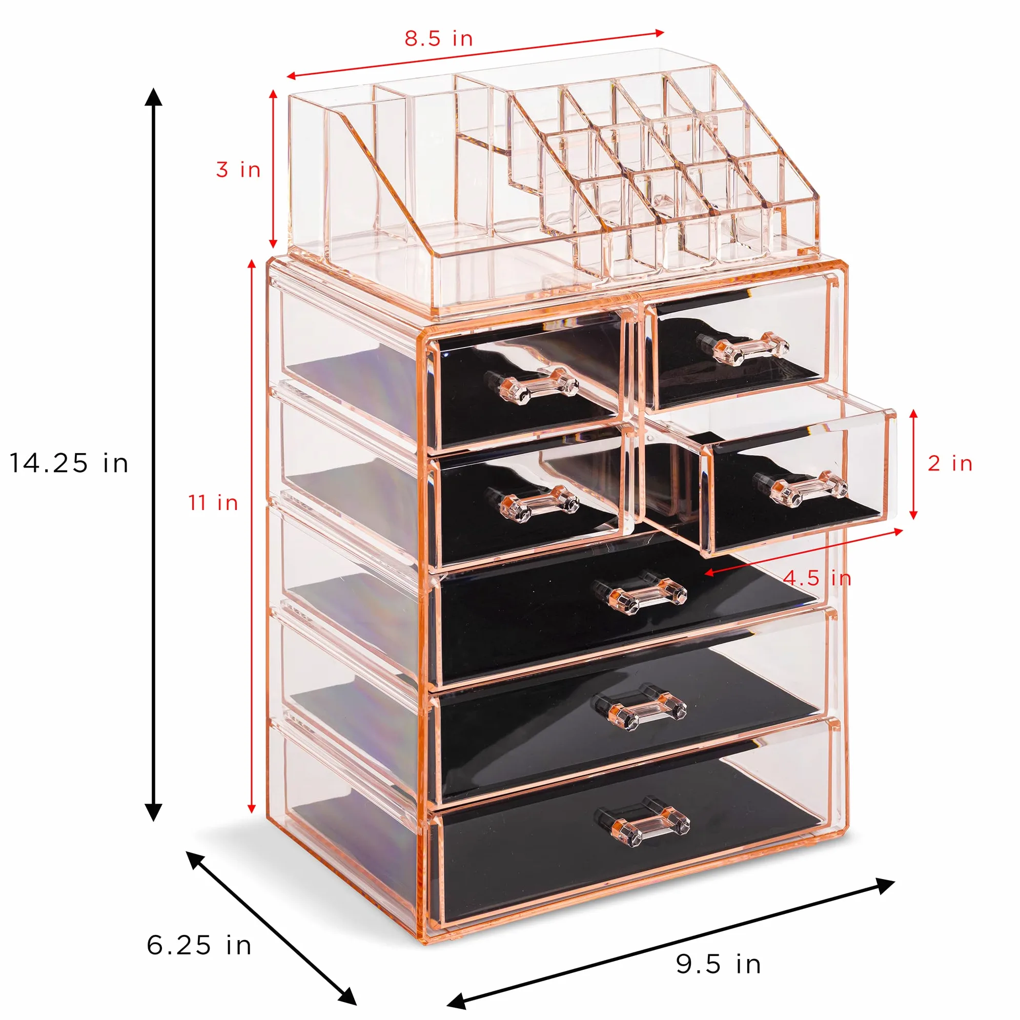 Sorbus Przezroczysty organizer na kosmetyki do makijażu - przechowywanie makijażu i biżuterii, etui i ekspozycja, przestronny design, uchwyt na komodę, łazienkę, toaletkę i blat (3 duże, 4 małe