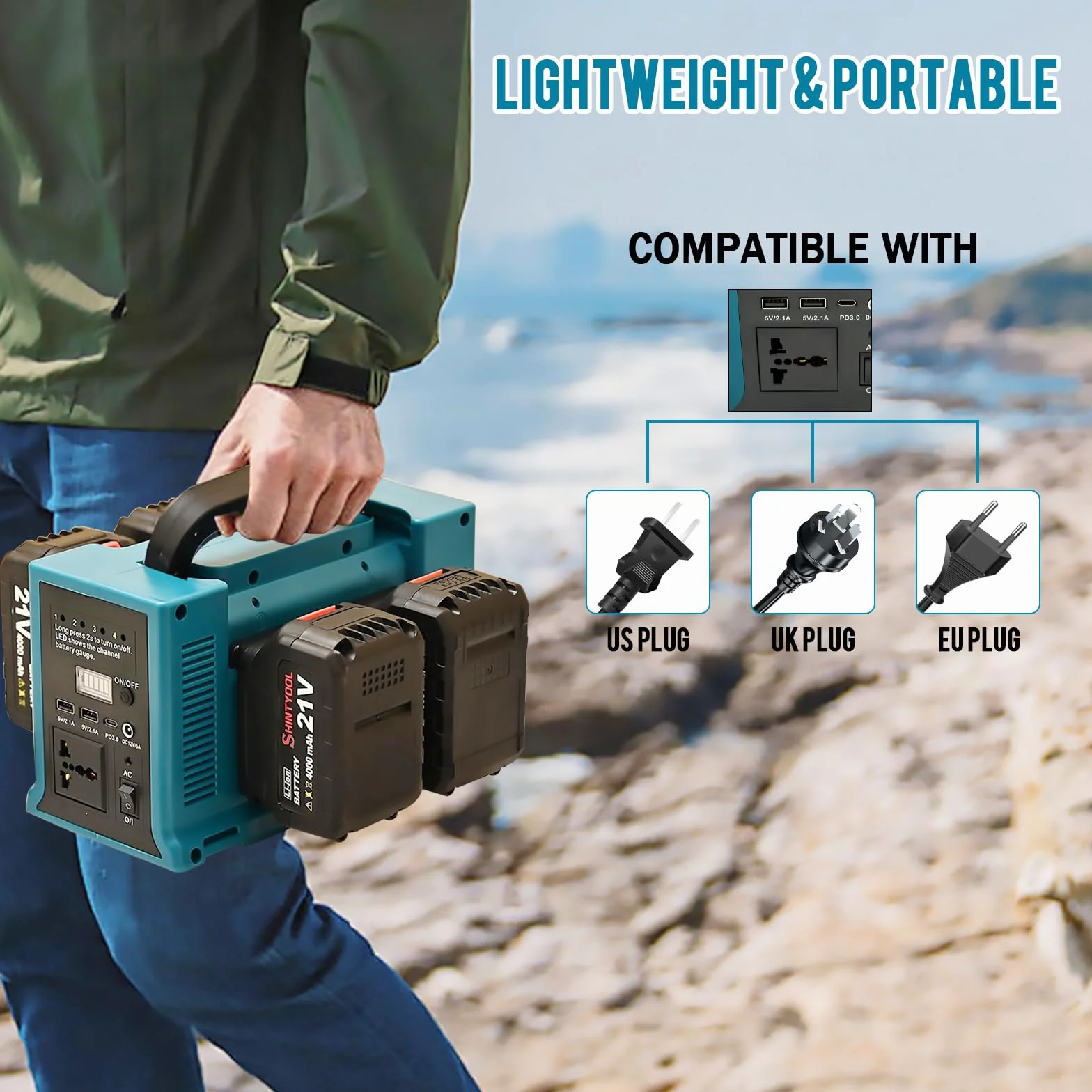 Falownik 4-portowy 350 W kompatybilny z Makita 18 V DC-AC 220-230 V USB 5 V/2,1 A