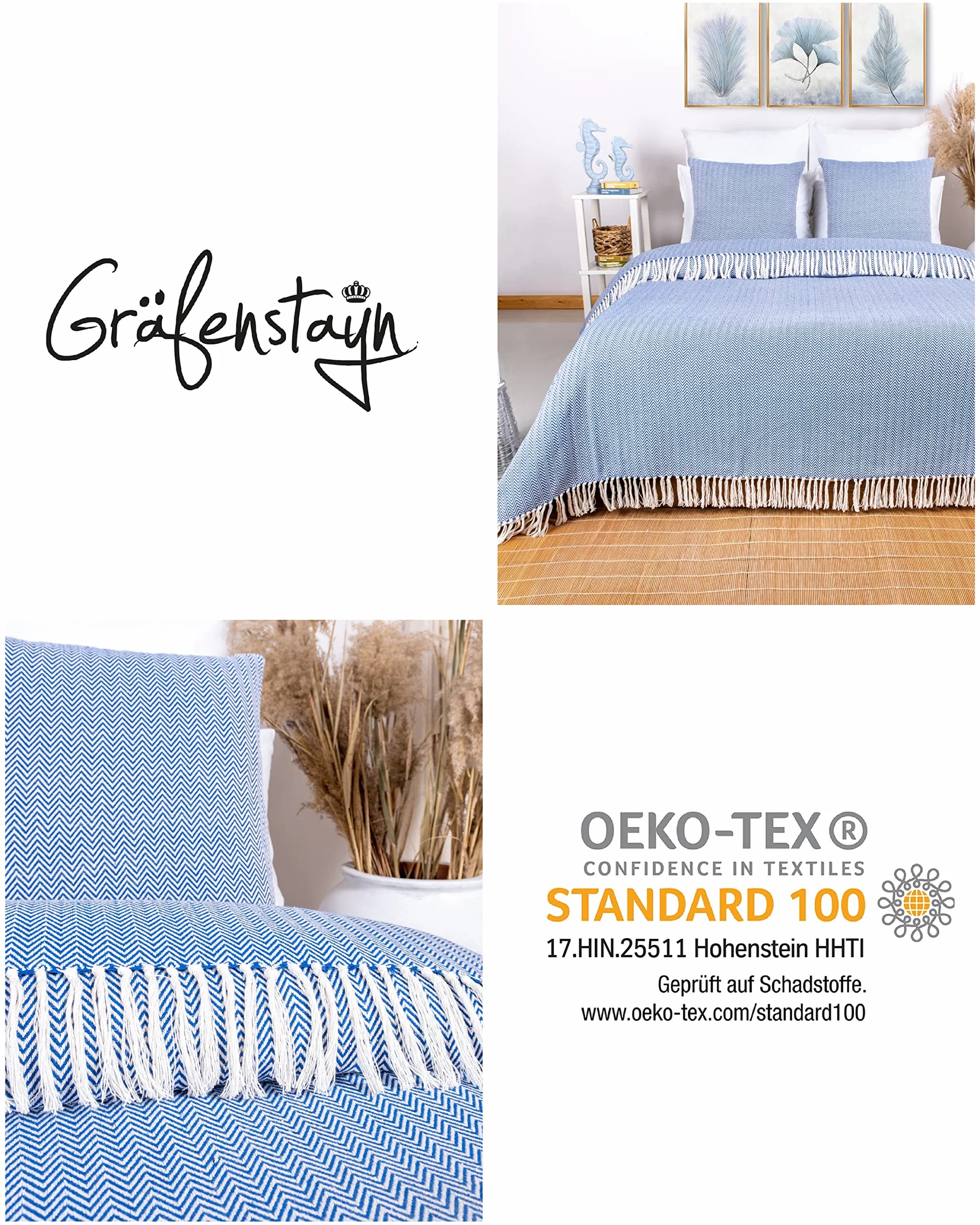 Gräfenstayn Narzuta XXL 100% bawełna wzór w jodełkę 220 x 240 cm niebieska