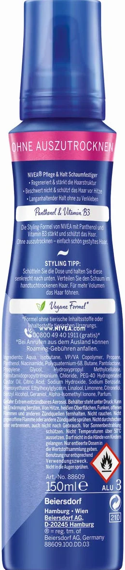 NIVEA Pielęgnacja i trzymanie, odporna na pianę, ekstra mocna (150 ml), pielęgnująca pianka do włosów z ochroną przed wysoką temperaturą, pantenol i witamina B3, utrwalanie włosów przez 24 h (poziom trzymania 4)