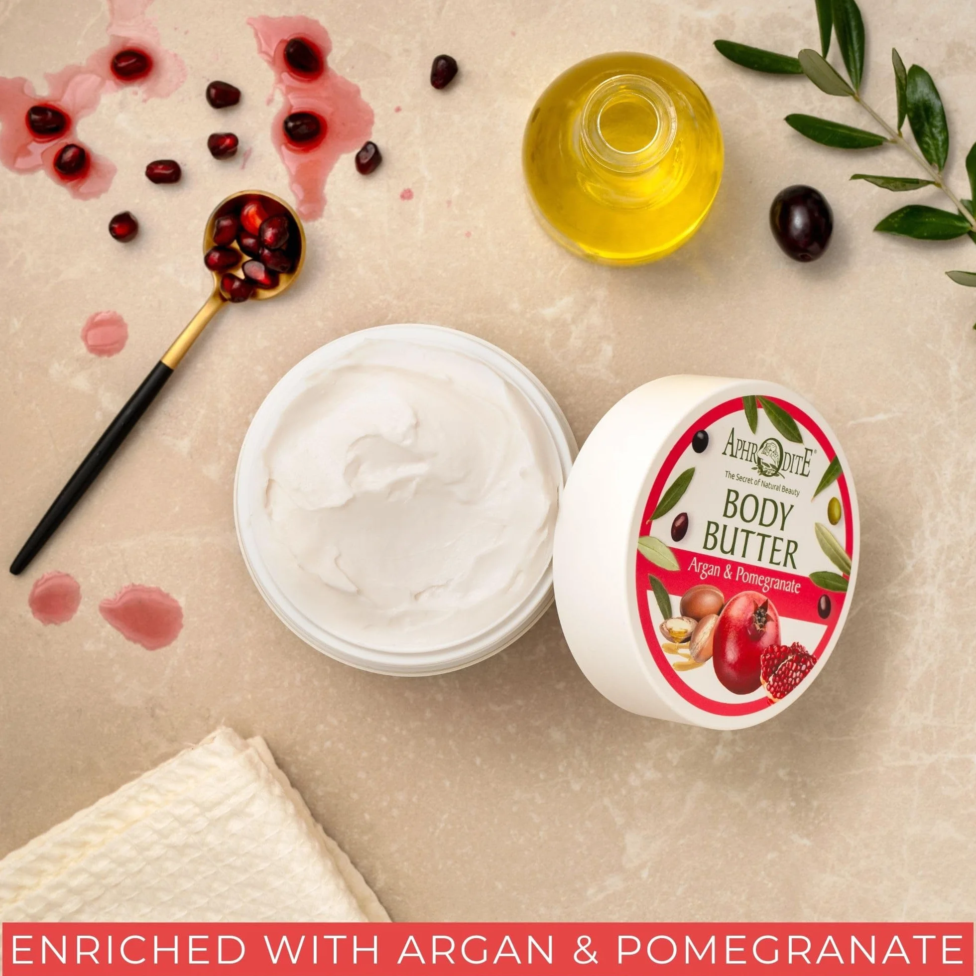 Regenerujace maslo do ciala Aphrodite z arganem i granatem - maslo przeciwzmarszczkowe z organiczna oliwa z oliwek przywracajace nawilzenie (200 ml)