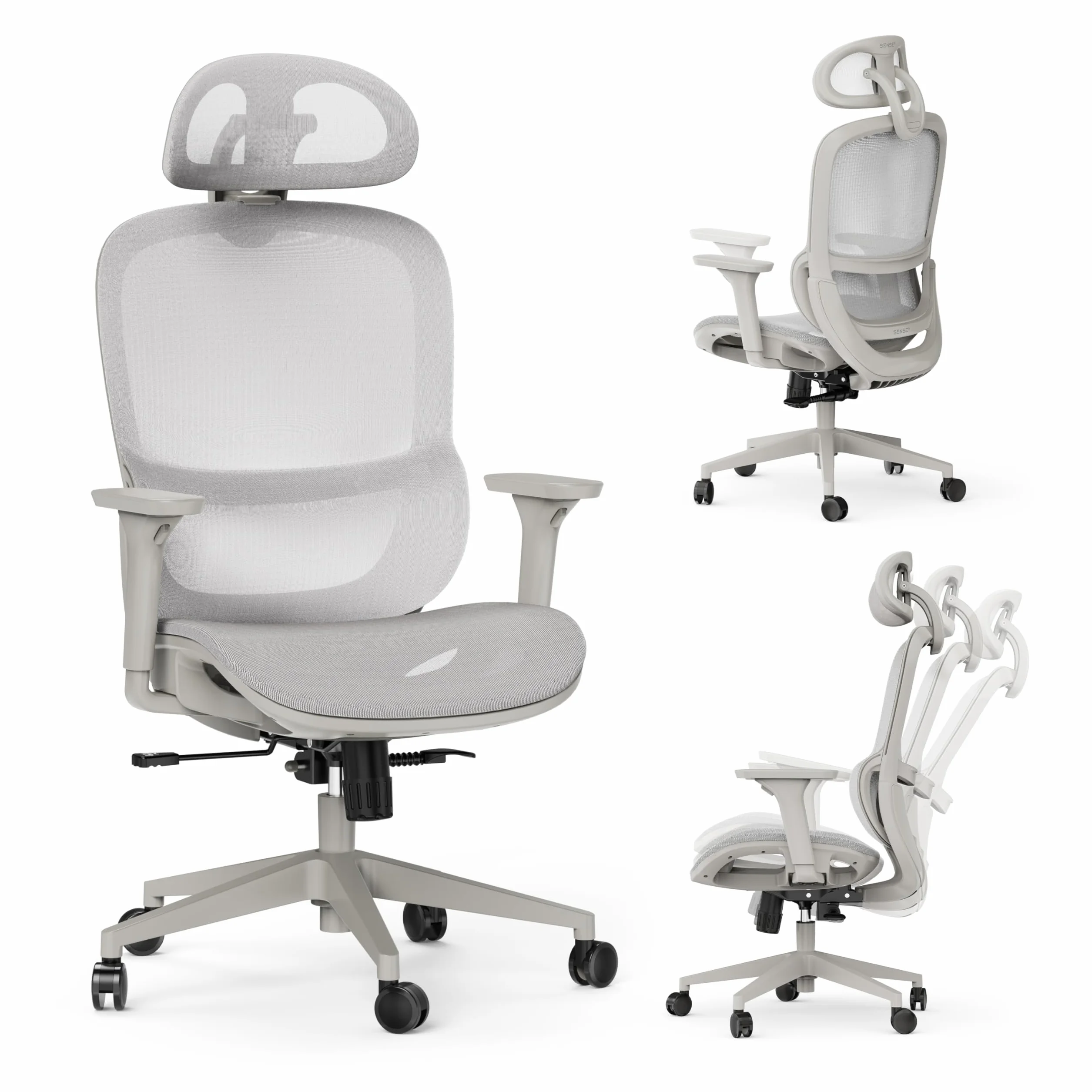 SENSE7 Krzesło Biurowe Ergonomiczne Neyo Fotel Obrotowy z Regulowanymi Podłokietnikami Zagłówek 3D Siatka Mesh Nachylenie 140° Szary