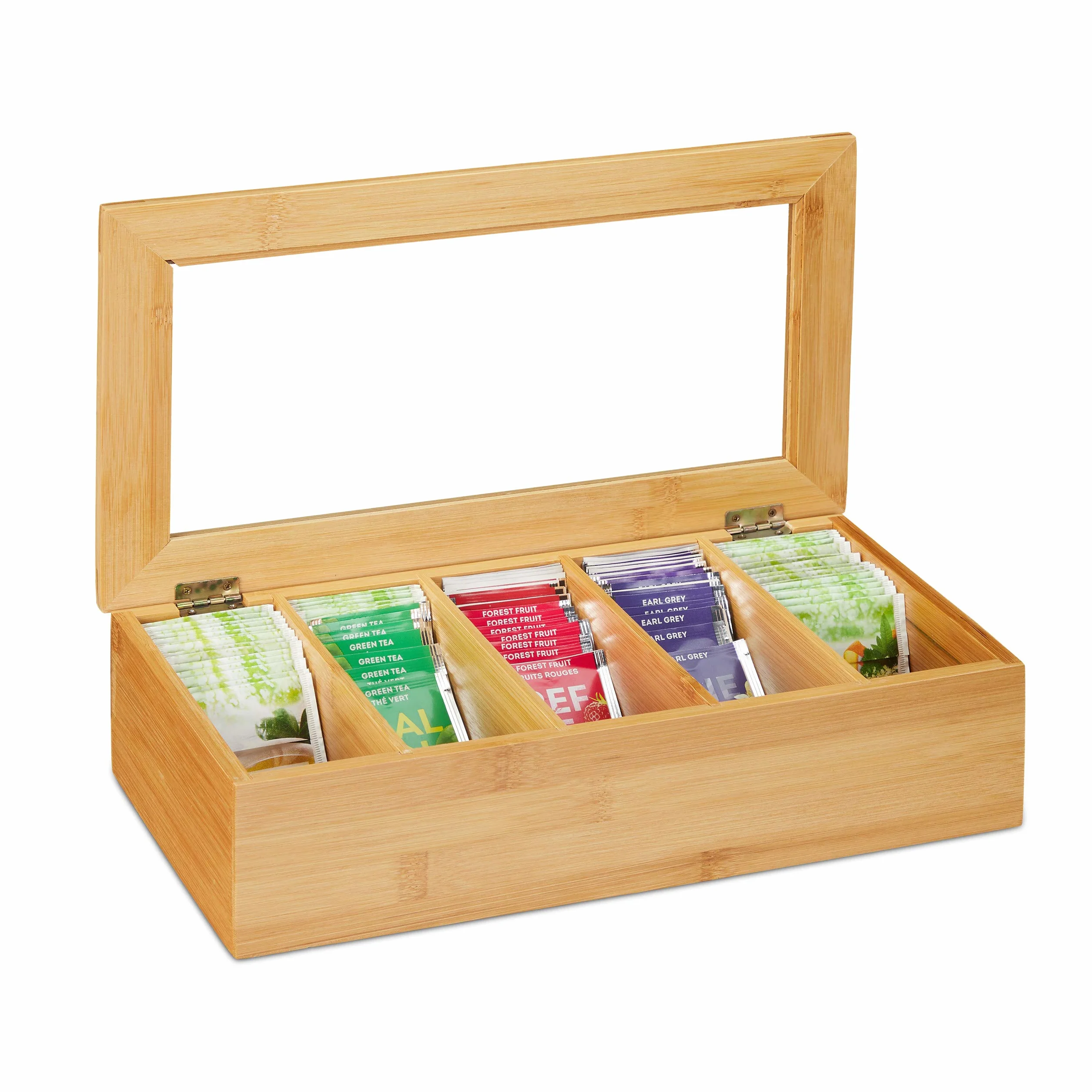Relaxdays Pudełko na herbatę bambus 5 przegródek z okienkiem 9x37x20 cm naturalny