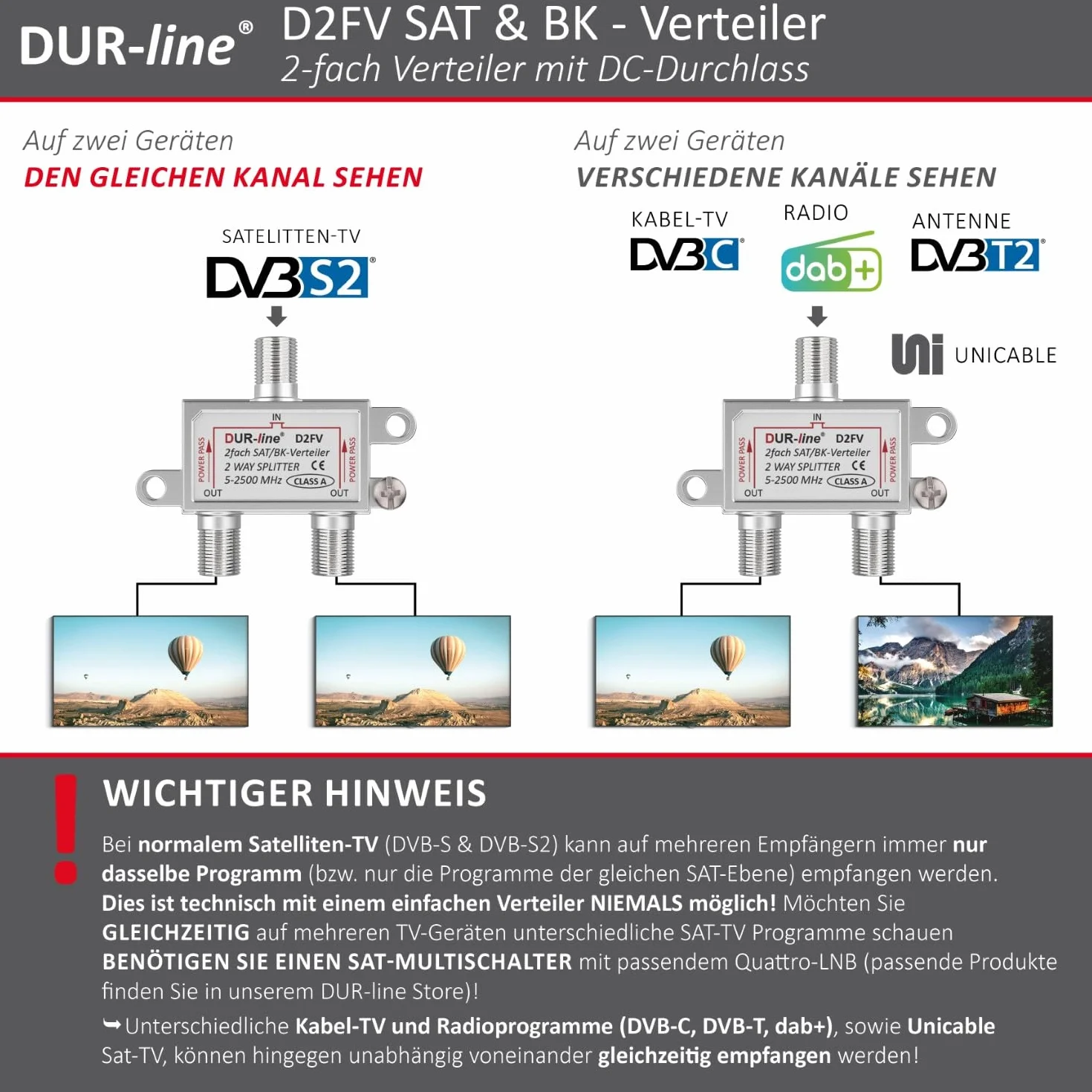 DUR-Line D2FV Rozdzielacz Sat/Bk 2-Drożny Splitter W Pełni Ekranowany Kompatybilny Z Unicable i HD Do Instalacji Satelitarnych Radio Telewizji