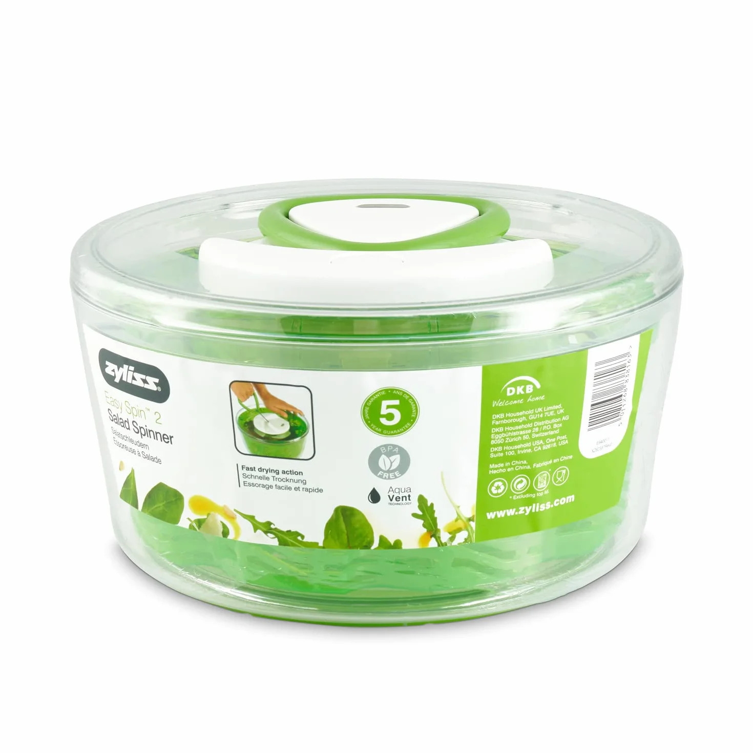 Zyliss Easy Spin 2 Salad Spinner, 3,5 l, plastik, zielony, unikalny AquaVent™/chowany przewód i system hamulcowy/antypoślizgowa podstawa/łatwe czyszczenie