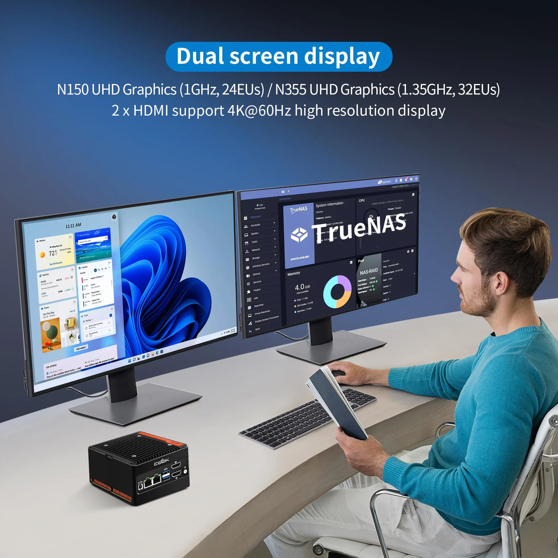 CWWK X86-P6 N355 Mini PC Pocket-NAS, 4 Bay M.2 NVMe Mini Komputer z 2 x i226-V 2.5GbE LAN, Mikro PC Barebone DDR5 BEZ RAM/SSD/SYSTEMU, Obsługa WiFi7/BT5.4 Rozszerzalny, 2 Wyświetlacze, USB3.2