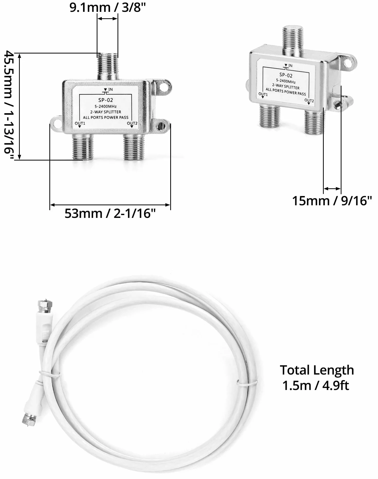 QWORK® Sat rozproszony, 2-drożny split, do systemów satelitarnych, w tym adapter + kabel + 2 x wtyk F do wtyku koncentrycznego + 3 x gniazdo F do złącza koncentrycznego