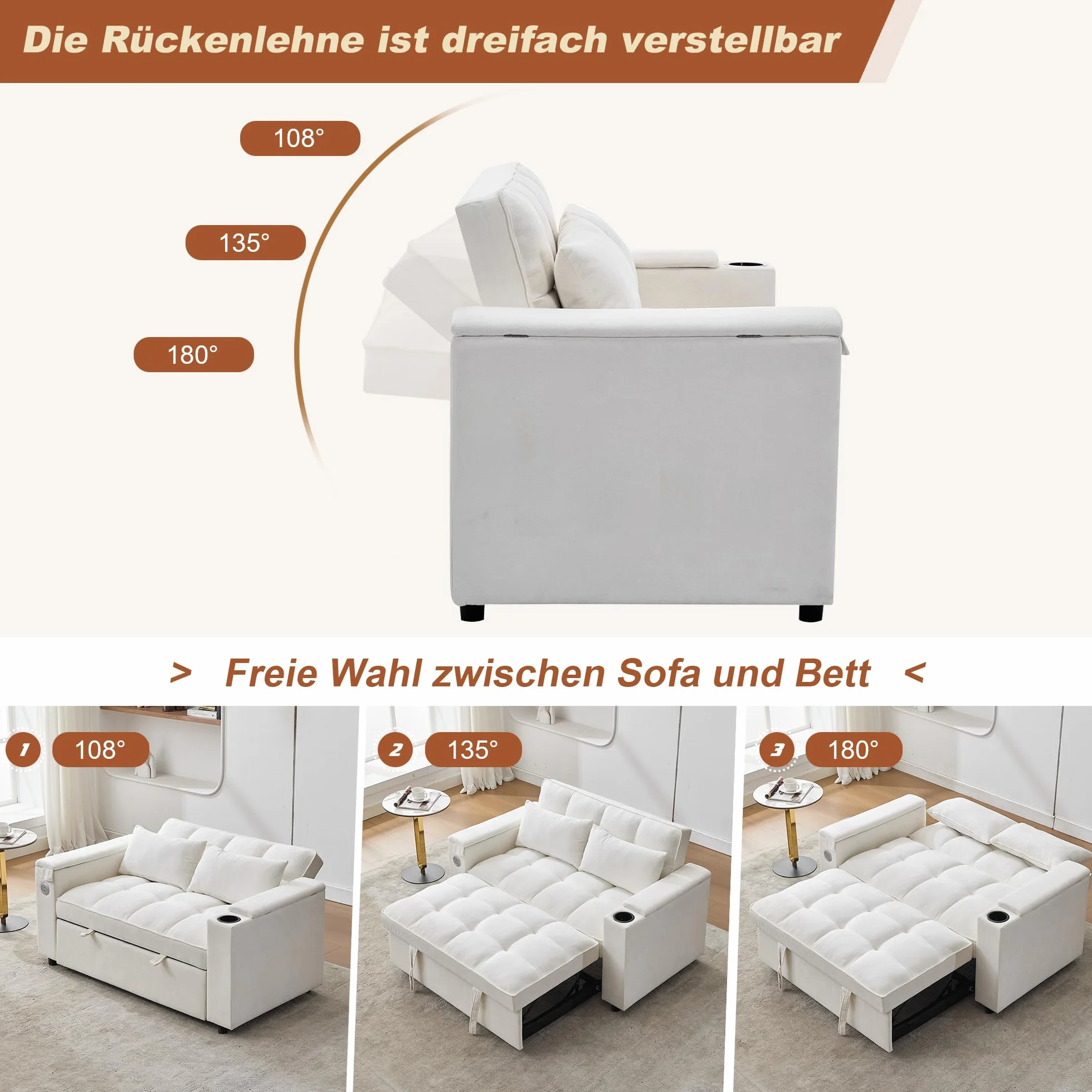 Sofa 2-osobowa z funkcją spania 140,5 x 74 x 82 cm rozkładana 3 w 1 regulowanym oparciem USB ukryty stół beżowa