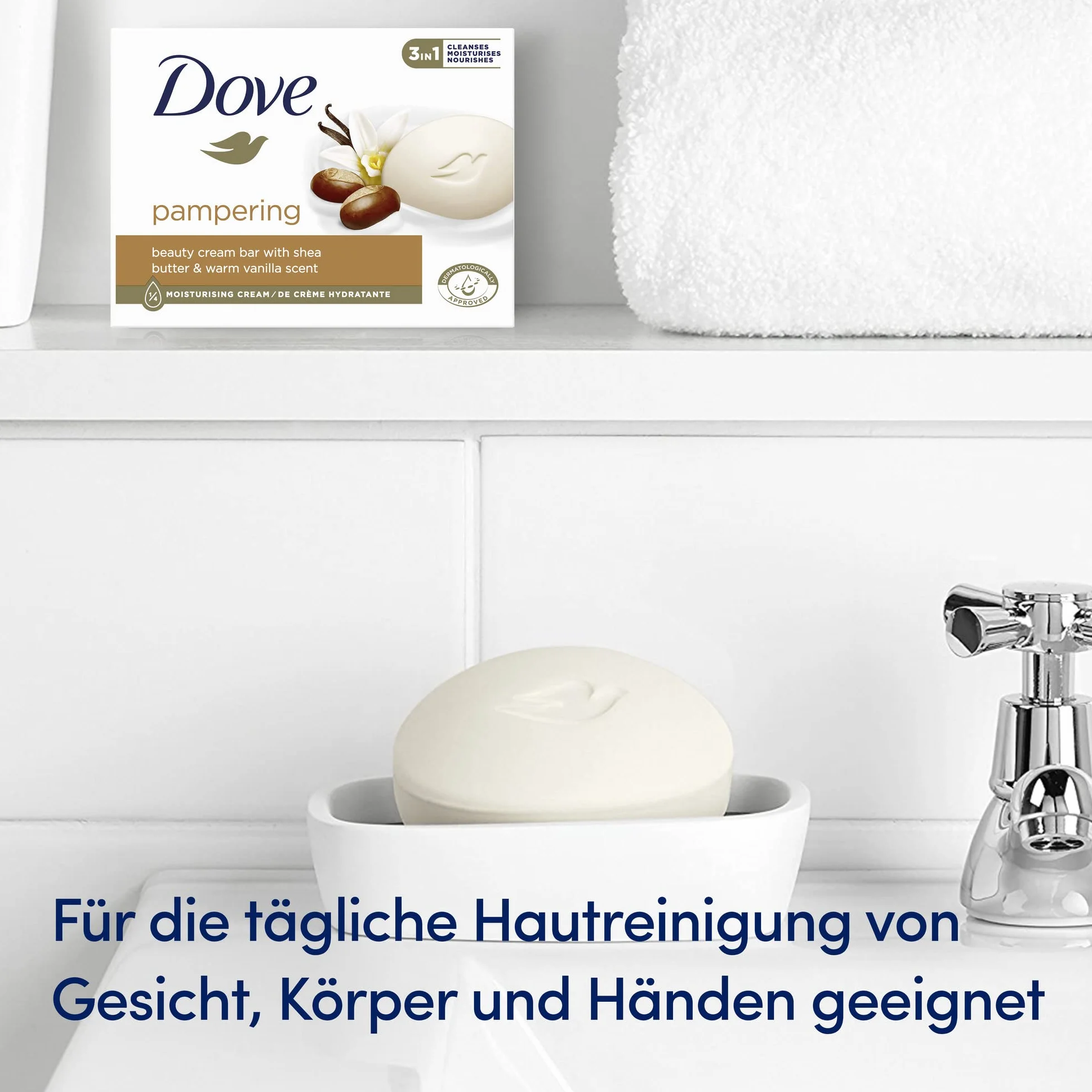 Dove Waschstück Pampering Cream Bar z 1/4 kremu nawilżającego dla miękkiej i gładkiej skóry, 90 g