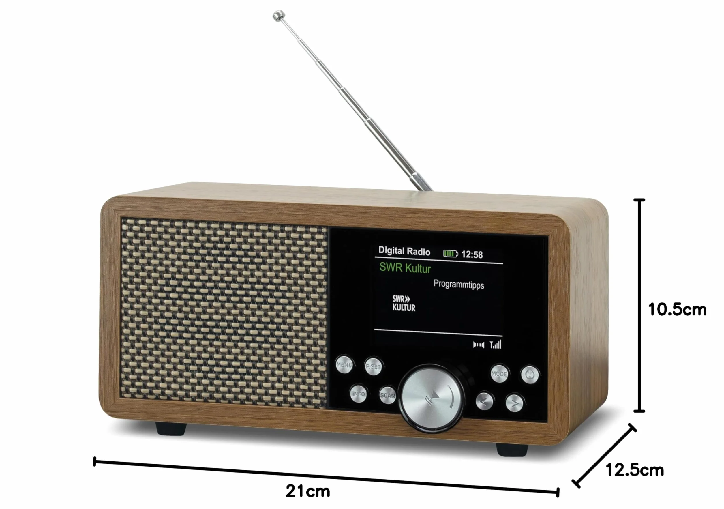 Przenośne radio Dab+ Dynavox DBT600, wbudowane radio FM, do kuchni, łazienki, biura, funkcja budzika, ekran TFT, zasilacz sieciowy, gniazdo USB i karta SD, wykończenie o wyglądzie drewna