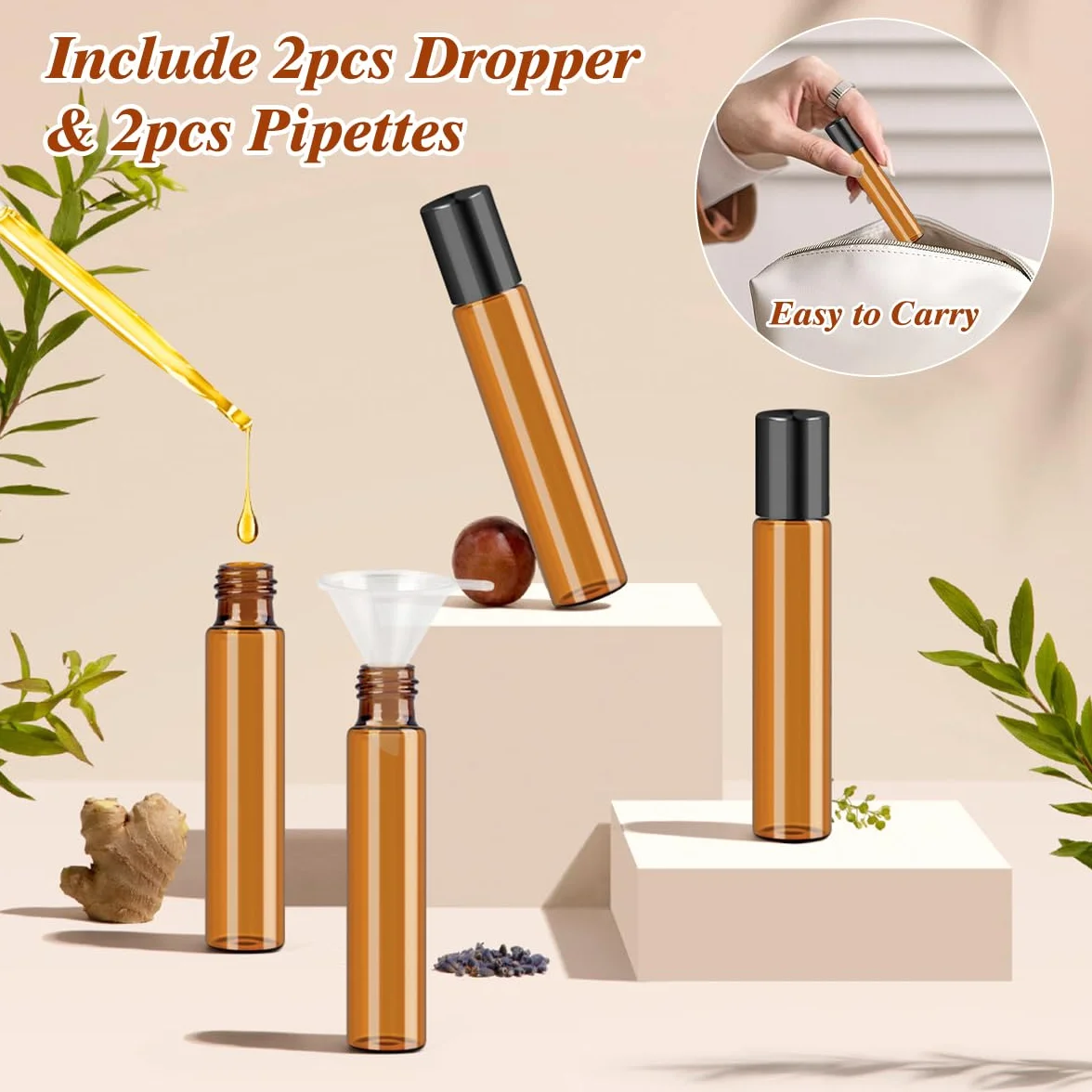 Roll on butelka pusta 10 ml, 15 sztuk, brązowe olejki eteryczne, szklane butelki z pipetą, kulkami ze stali nierdzewnej, do perfum, kosmetyków, aromaterapii, masażu, czarny