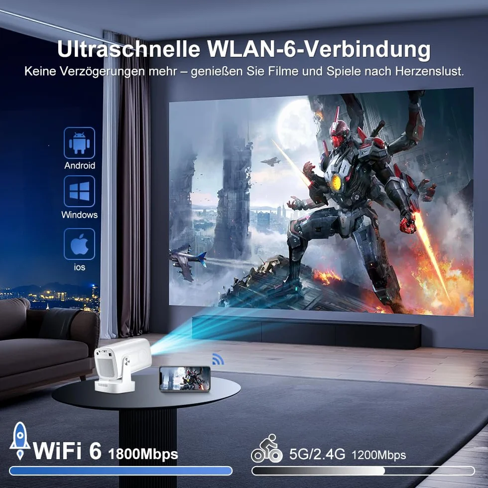 HY260pro Inteligentny Projektor 4K, Mini Projektor z WiFi 6 Bluetooth 5.4, 1080p Full HD, Przenośny Projektor z Systemem Android 14.0, Obrót o 270°, Do Sypialni, na Zewnątrz