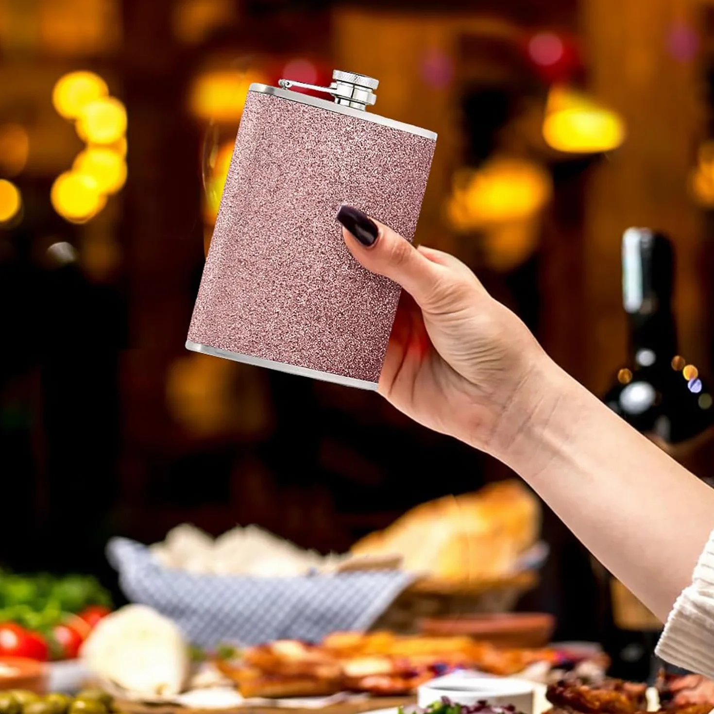 Różowa piersiówka z lejkiem szczelna kieszonkowa butelka na alkohol