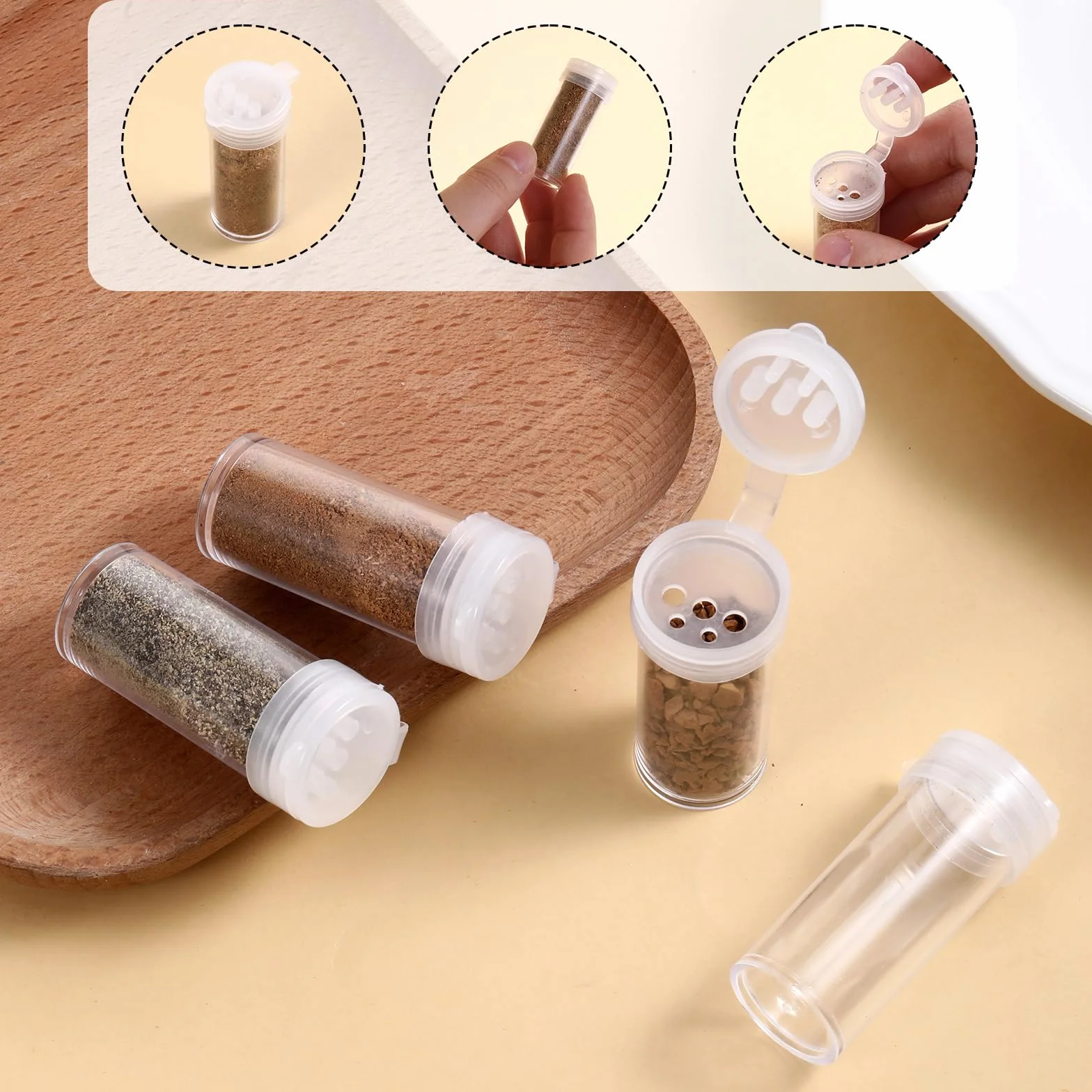 Plastikowa mini solniczka i pieprzniczka 6 g, przezroczysta z pokrywką na kemping