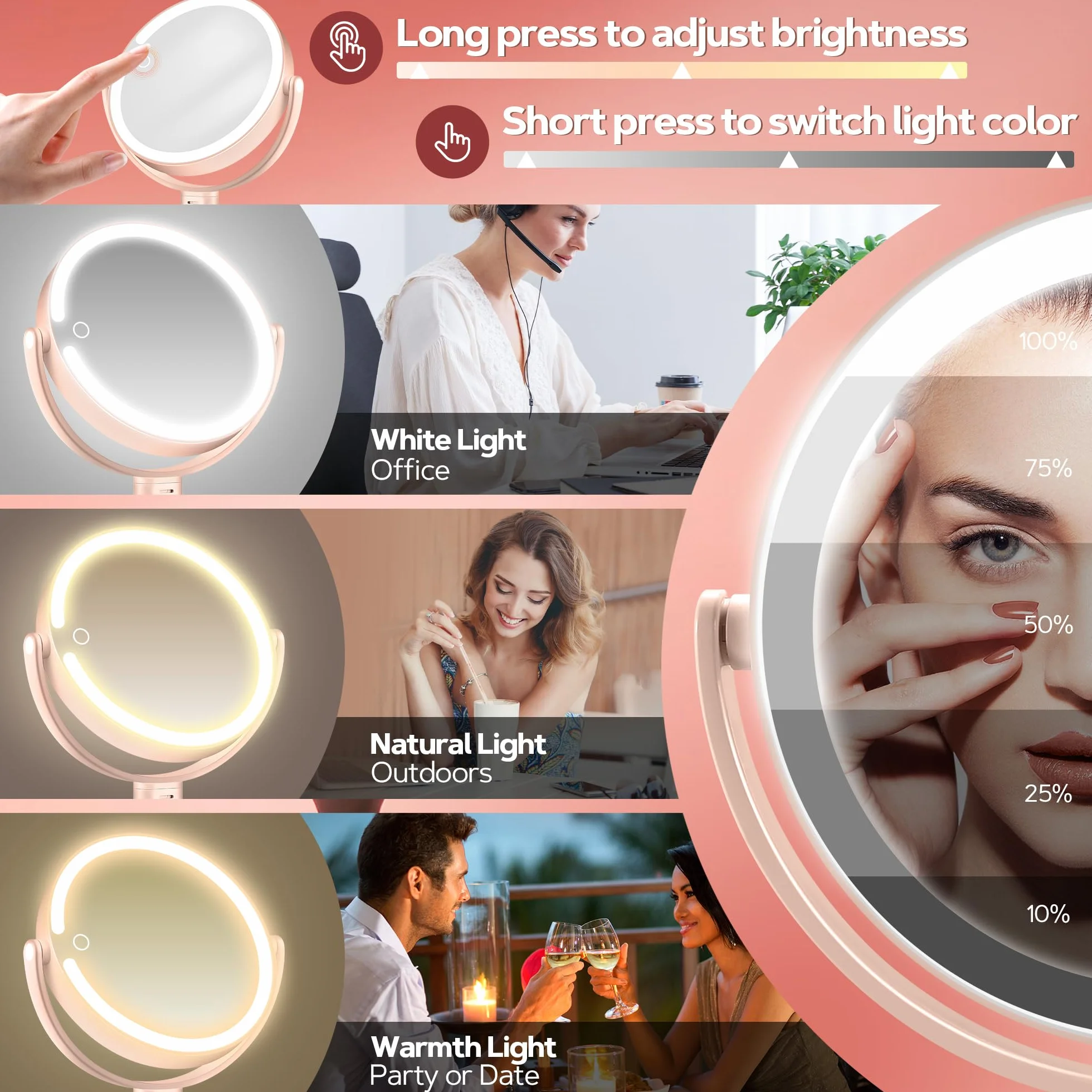 B Beauty Planet Podświetlane lustro do makijażu, 20 x powiększające, 3 kolorowe światło, ściemniane diody LED i regulacja wysokości, 2-stronne lusterko kosmetyczne do łazienki, prezent dla kobiet